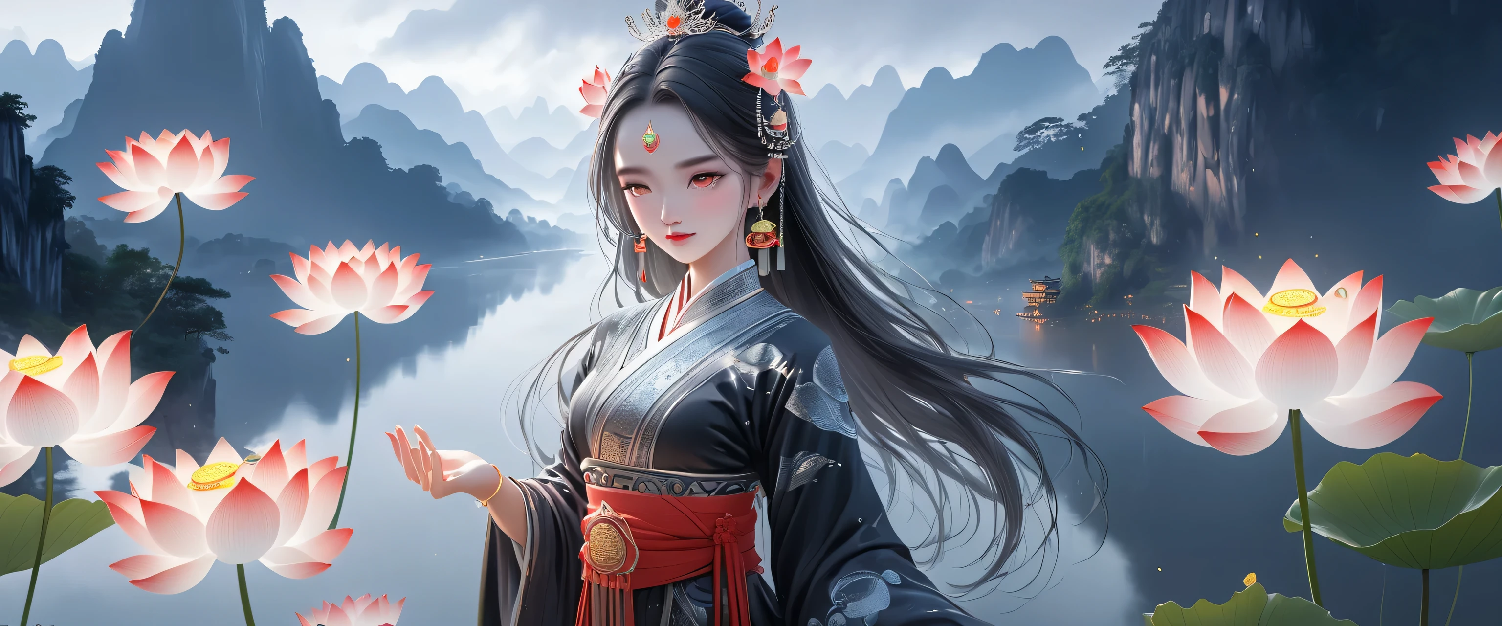 (best quality,8K,masterpiece:1.2),ultra wide angle lens,depth of field,landscape background,Lijiang River mist and rain,Beautiful karst landforms,Astonishing,Inspired by the myths and legends of Guilin, China:Liu Sanjie,华丽的China女孩,Queen,Detailed skin details,Bright Eyes,Gorgeous eyelashes,Rule of thirds composition,looking at the audience,minority:1.5,Silver jewelry:1.2,silver hat crown:1.5,silver tassel:1.37,silver necklace,Silver texture,brilho prata,Upper body,long sleeve,dark ethnic wear,long skirt:1.2,waist,Black and red linen fabric details,Characteristics of Miao costumes,totem),lotus,body glow,glowing line,fluorescence,Luminous example,Tracking example,flash,萤light particles,backlight,translucent,light particles,correct human anatomy,