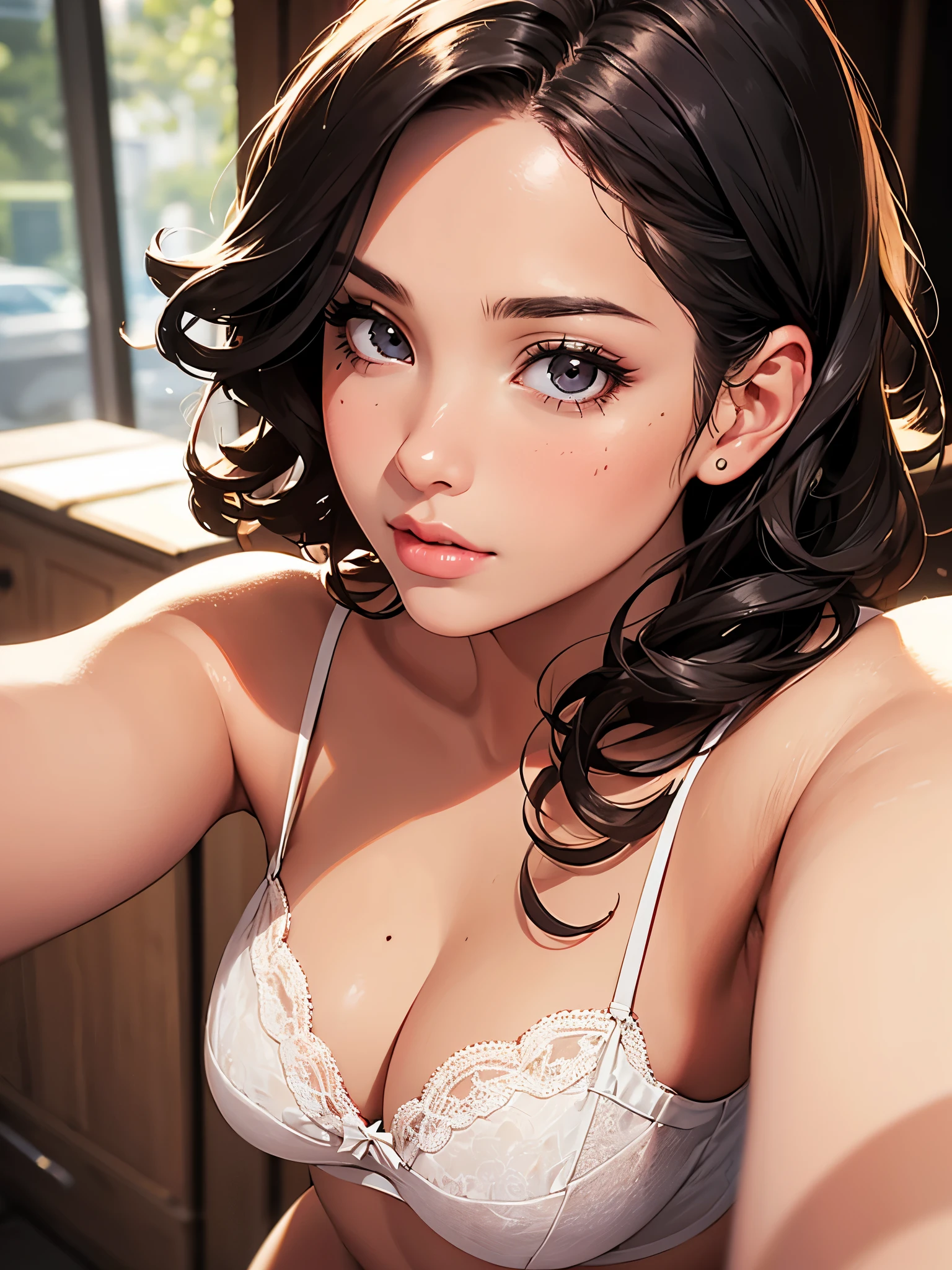 Girl wearing cute white lingerie, top lens,((Selfie)), random background, kiss, fair, French short curly hair, Tear nevus under left eye, medium breasts, Nevus on left upper chest, Flirting look, ((Very detailed)), (Perfect facial details), (Detailed hands), realistic images.