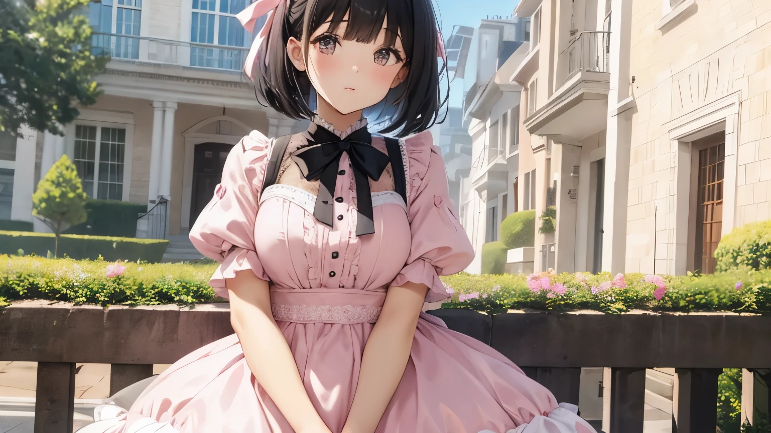 A beautiful girl wearing a pink and white sweet dress with lots of frills and lace. black bob hair with big ribbon