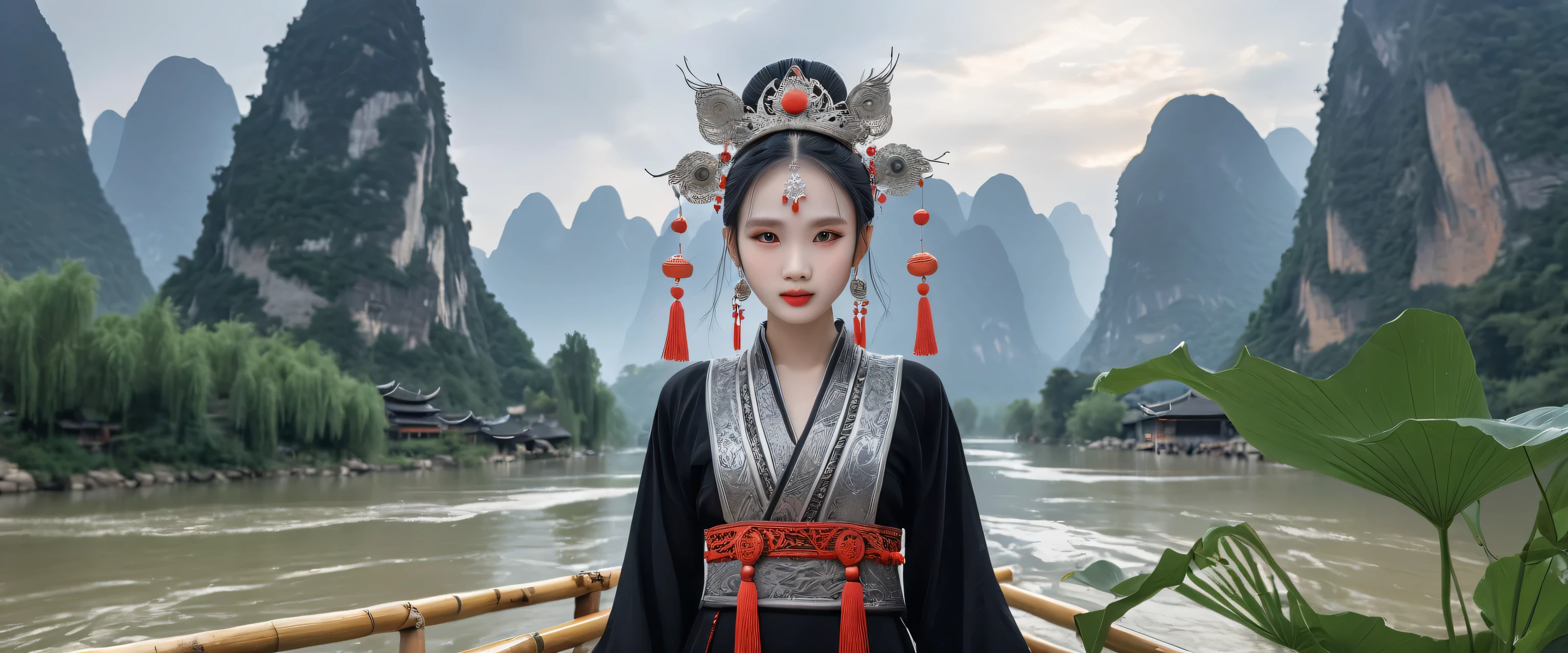 (best quality,8K,masterpiece:1.2),ultra wide angle lens,landscape background,Lijiang River mist and rain,Beautiful karst landforms,Astonishing,Inspired by the myths and legends of Guilin, China:Liu Sanjie,华丽的China女孩,Queen,Detailed skin details,Bright Eyes,Gorgeous eyelashes,Rule of thirds composition,Stand on a bamboo raft,Dance alone,looking at the audience,minority:1.5,Silver jewelry:1.2,silver hat crown:1.5,silver tassel:1.37,silver necklace,Silver texture,brilho prata,Upper body,long sleeve,dark ethnic wear,long skirt:1.2,waist,Black and red linen fabric details,Characteristics of Miao costumes,totem)