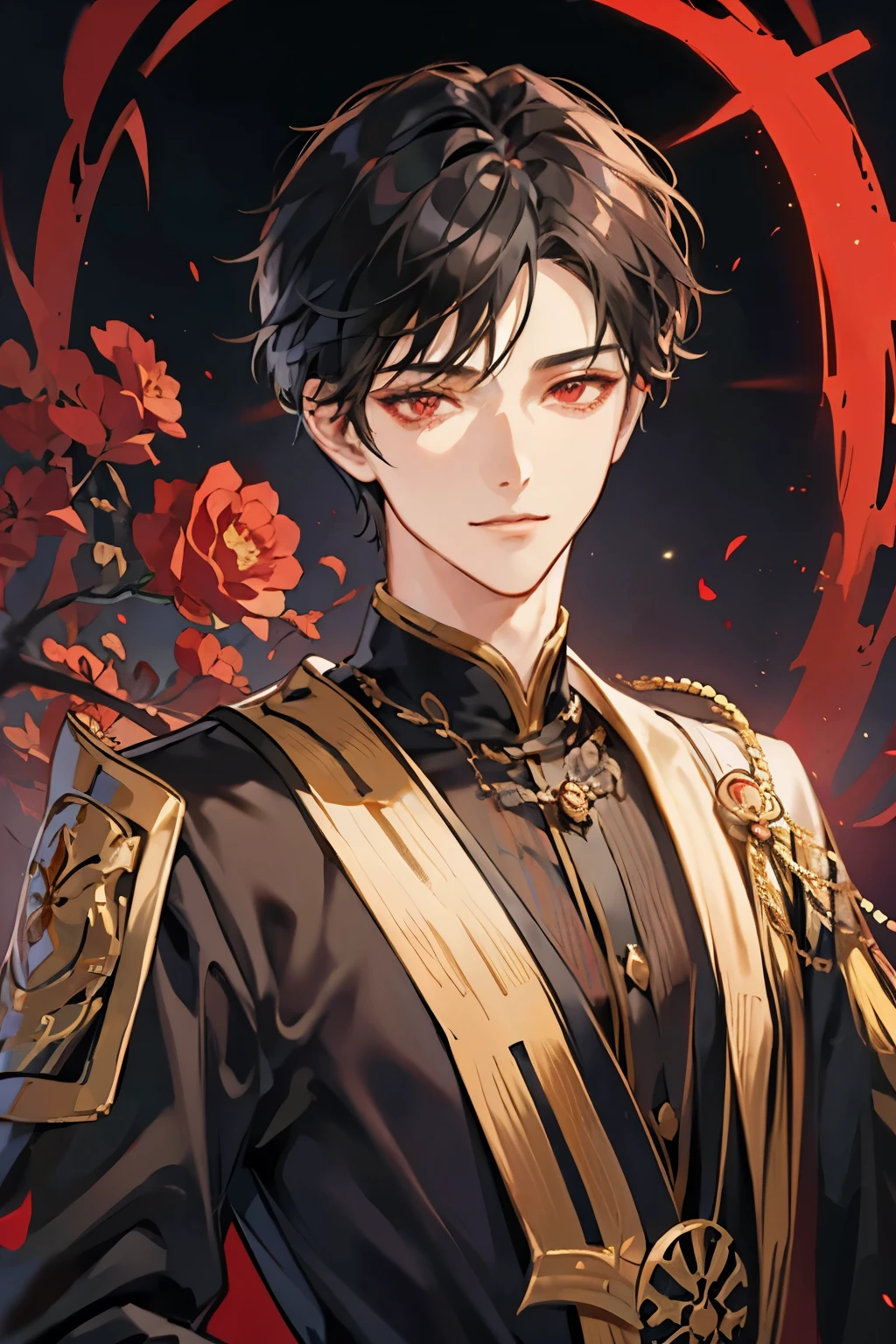 1 male, aldult, Handsome, short black hair，Center parted bangs, dark red eyes, Condescending giggle, The prince wearing black clothes with gold embroidery, Chinese court, close up, posture，perfect facial features，Exquisite eye details