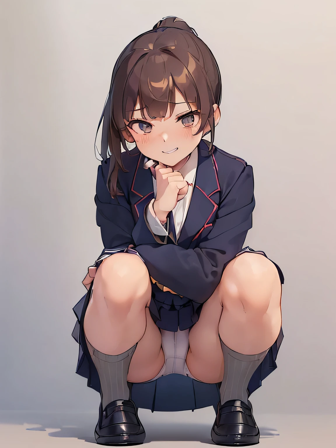 (masterpiece, highest quality, High resolution, realistic pictures, realistic skin:1.1),
(There is one high school girl:1.5),
(short ponytail with brown hair:1.5),
(She is squatting with her knees together:1.8),
(her thighs are pressed together:1.8),
(her body is facing us: 1.5),
(Embarrassing but provocative, grinning expression:1.5),
(She is wearing a navy blue blazer from her high school uniform.:1.8),
(She is wearing a grey miniskirt from her high .: 1.8),
(Both feet are wearing black loafers:1.8),
(Both of them are wearing dark blue knee socks.: 1.8),
(The socks match the color and length of both feet.:1.8),
(Simple white cotton panties:1.5),
( upper arm: 1.5),
( two legs: 1.5),
(Location: high school courtyard:1.2),
1 Japanese girl, alone, Full-bodied Esbian, beautiful eyes, shining eyes, NSFW