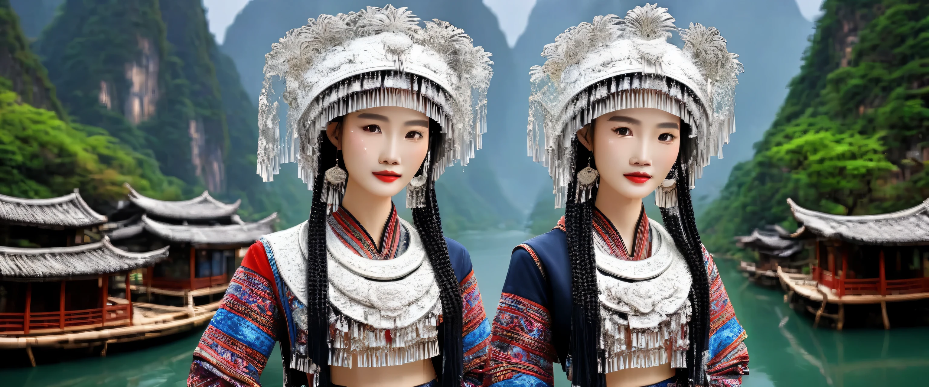 (best quality,8K,masterpiece:1.2),ultra wide angle lens,landscape background,Lijiang River mist and rain,Beautiful karst landforms,Astonishing,Inspired by the myths and legends of Guilin, China:Liu Sanjie,华丽的China女孩,Queen,Detailed skin details,Bright Eyes,Gorgeous eyelashes,barefoot,Stand on a bamboo raft,Dance alone,looking at the audience,minority:1.5,Silver jewelry:1.2,silver hat crown:1.5,silver tassel:1.37,silver necklace,Silver texture,brilho prata,Upper body,long sleeve,dark ethnic wear,long skirt:1.2,waist,Black and red linen fabric details,Characteristics of Miao costumes,totem)