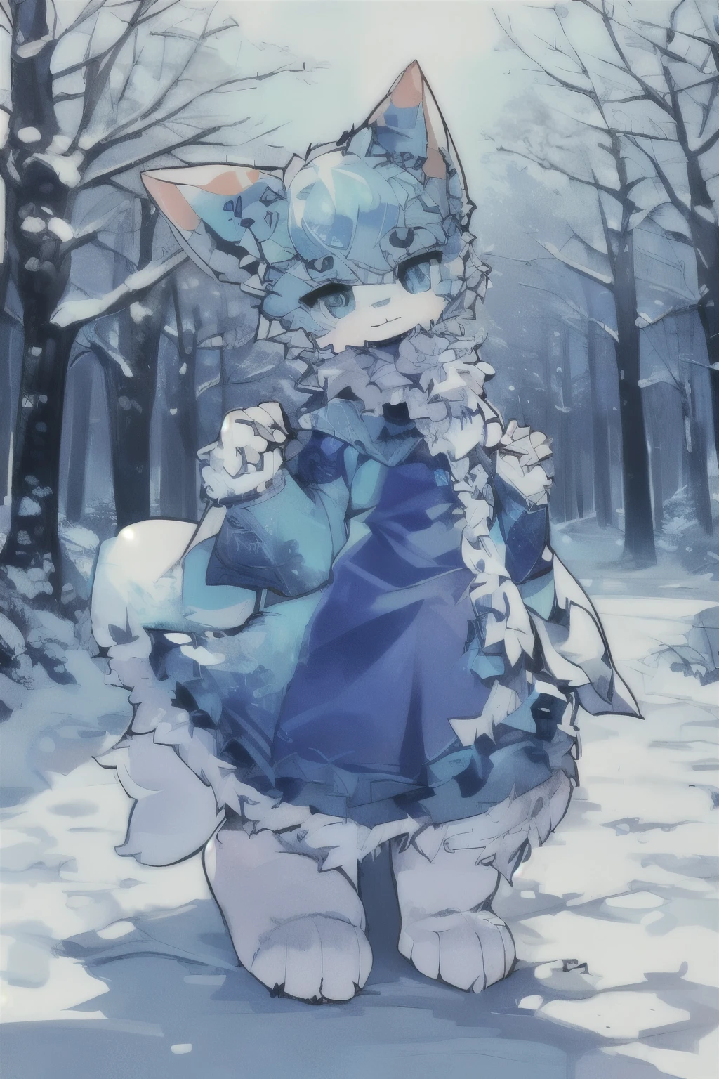 ((masterpiece, best quality), blue eyes, Furry blue fox, blue tail, white body hair, (Four legs on the ground),Super detailed illustrations, HD textures, Exquisite details, 1 girl, Blue long sleeve dress, long blue hair, blush, outdoor environment, in a snow mountain, permanent