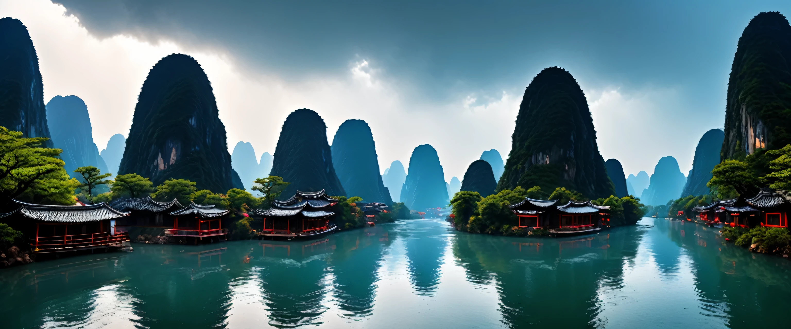 best quality，Guilin landscape，Lijiang River mist and rain，karst，Surrealism, shadow, relief, Stereo view, vertical painting, View, atmospheric perspective, super wide angle, 8K, Super details, precise, best quality
