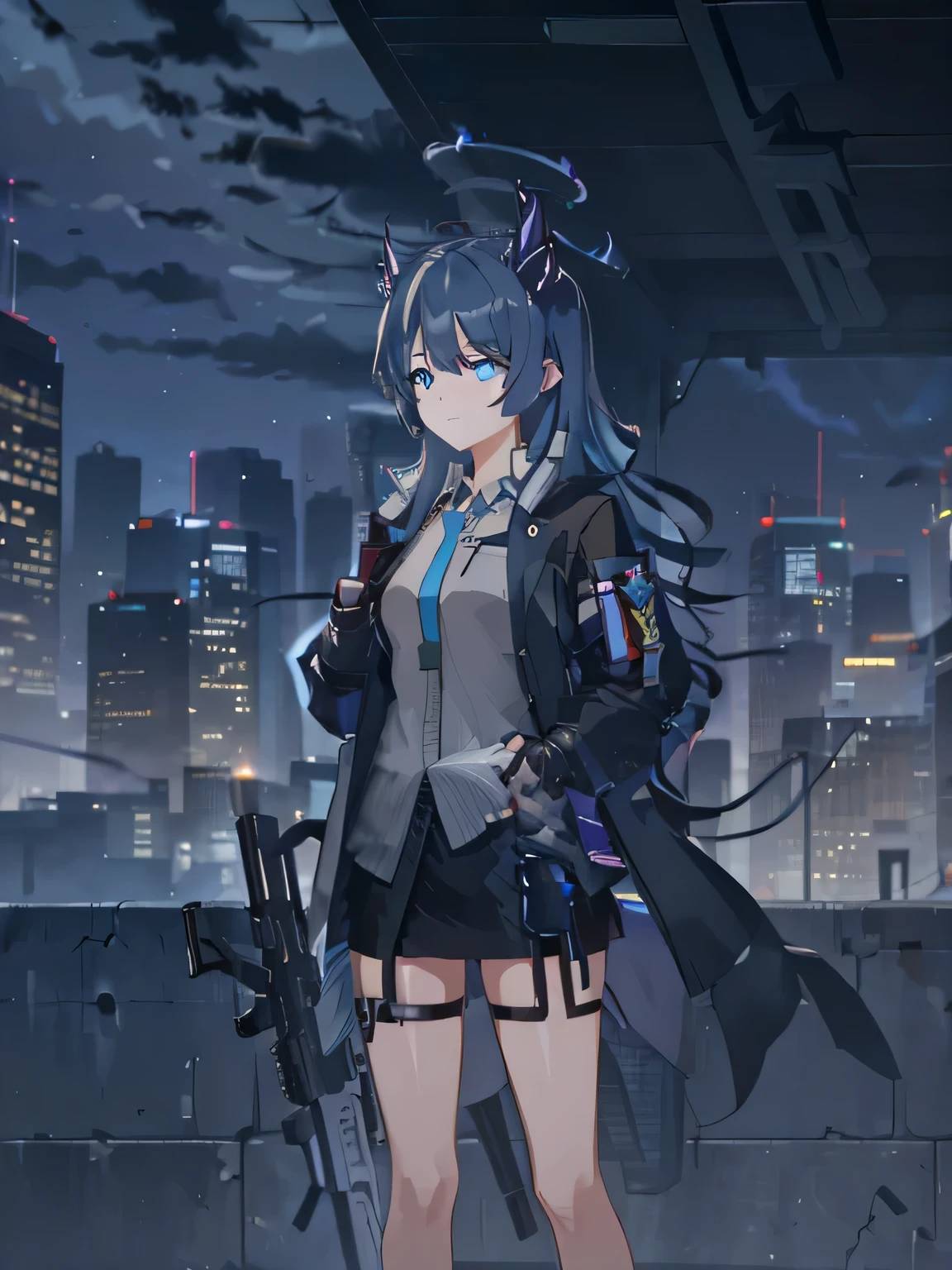 1 girl,  very clear, nervous, , watch, transport station, dark rainy day, Serious eyes, Black halo with sky blue stripes, Serious, keen vision, dissatisfied, Holding August assault rifle, City skyline, light gray aug assault rifle，With blizzard texture, tall girl, transport, train station, Serious, dark rainy day, diasobrio, rain, collision,  standing posture, Purpose，sky blue eyes，One hand holds a black surgical mobile phone