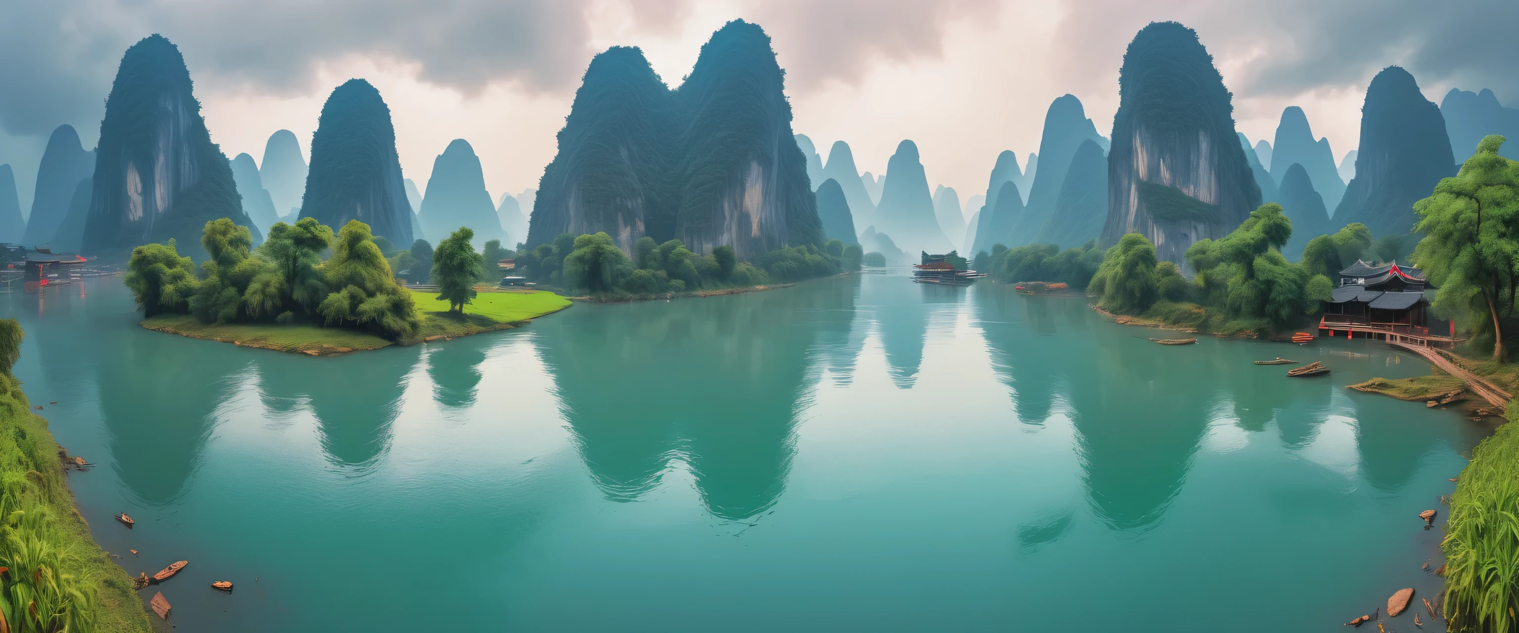 best quality，Guilin landscape，Lijiang River mist and rain，karst，Surrealism, shadow, relief, Stereo view, vertical painting, View, atmospheric perspective, super wide angle, 8K, Super details, precise, best quality