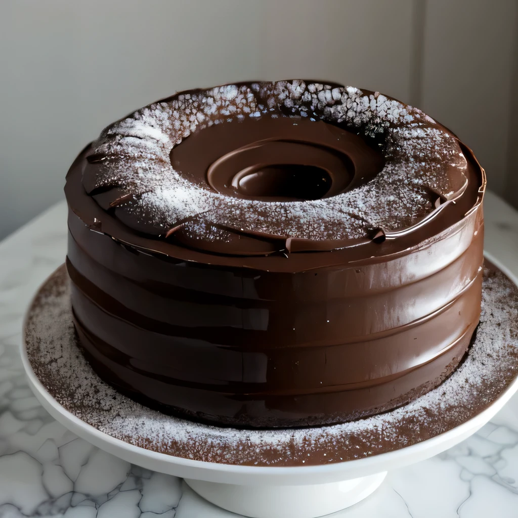 bolo de chocolate com cobertura de chocolate visto de cima