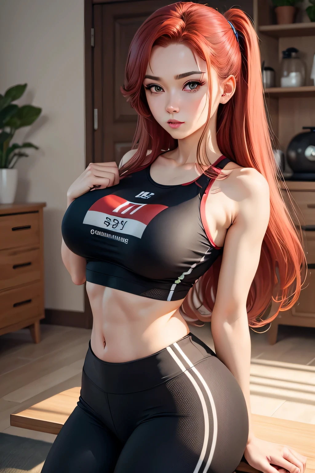 beautiful woman with long red hair gym outfit at quiet home