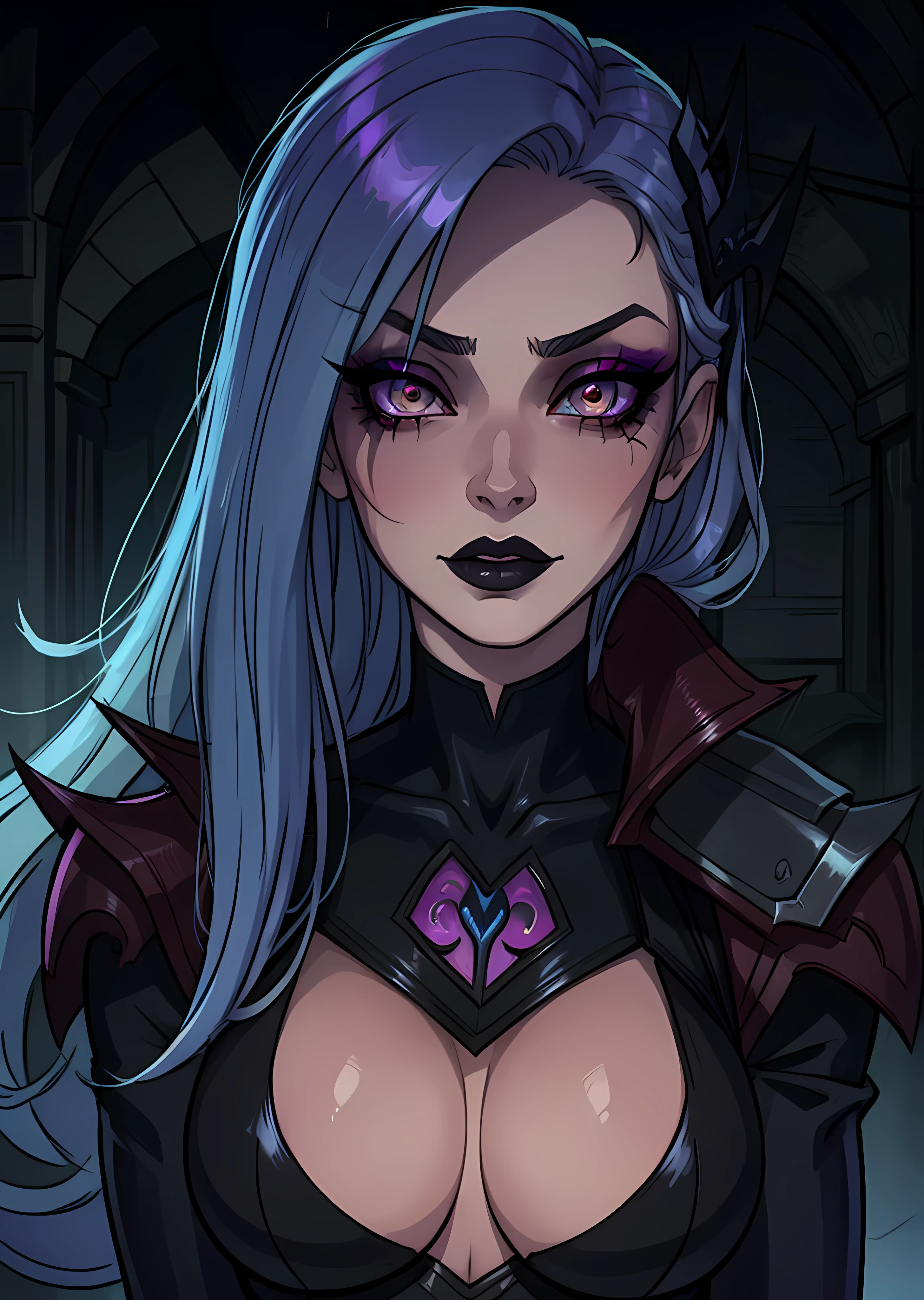 masterpiece, best quality, 1female, face portrait, goth girl, intense makeup, straight hair, Death_Sworn_Katarina, glow eyes