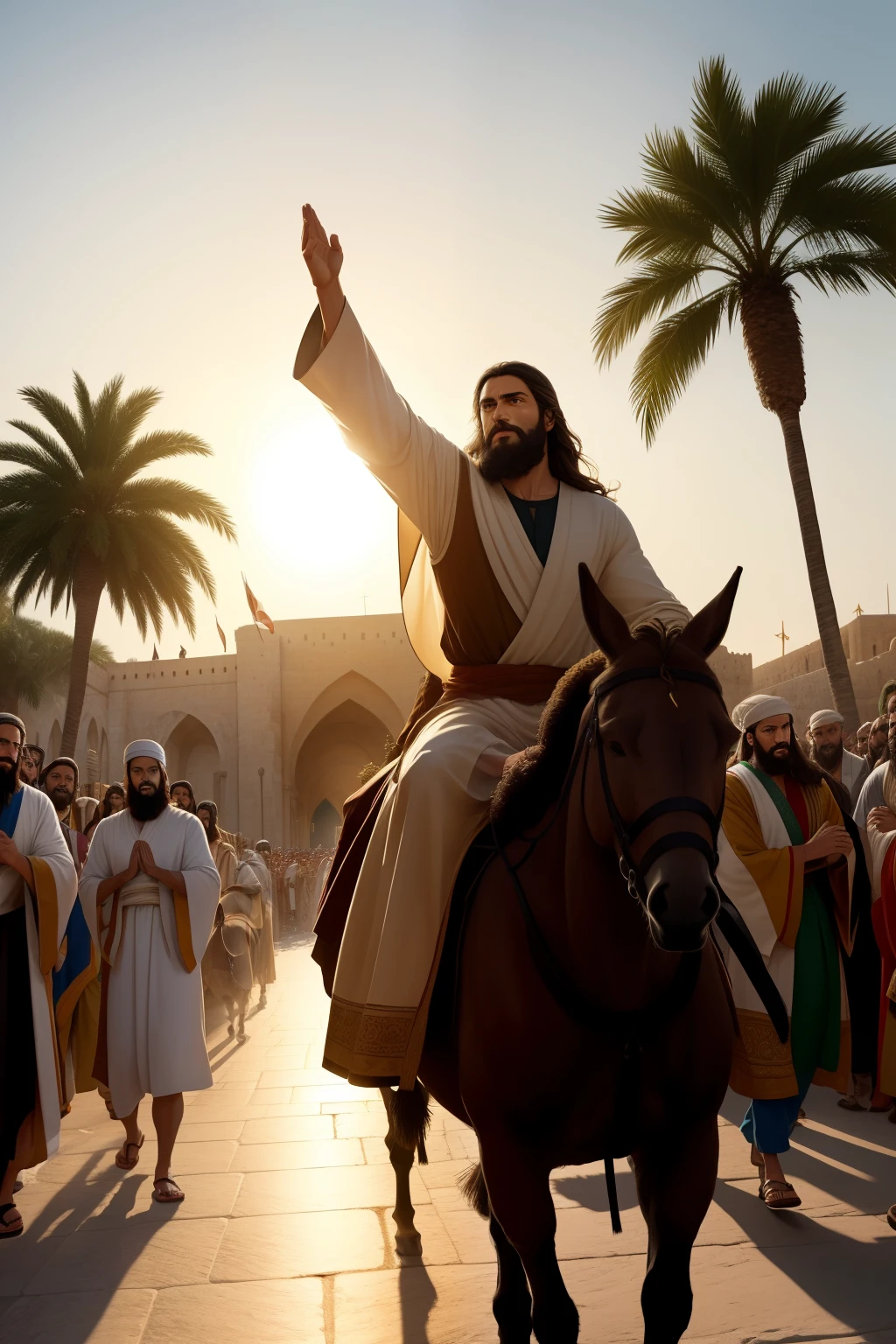 Jesus, a bearded man with kind, warm brown eyes, radiantly arrives on a small, brown donkey amidst a sea of waving palms and cheering crowds in an intricately detailed setting. The sun sets behind him, casting golden light on his robes as he rides towards the city, his hands folded in prayerful thanks. The atmosphere is serene and awe-inspiring, capturing the essence of this holy moment in history. This 8K, realistic image shows Jesus' humble yet majestic entry into Jerusalem on Palm Sunday, a testament to his divine nature and profound connection with his followers.