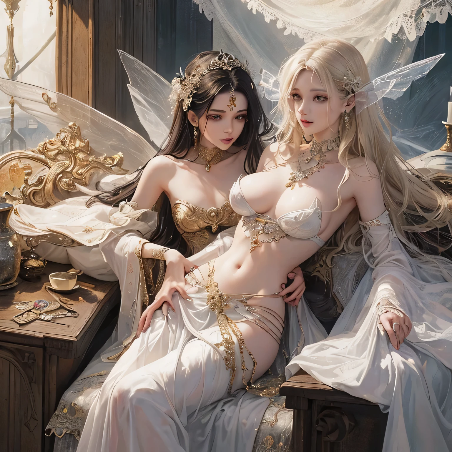 Peerless Empress, Incomparably beautiful and ethereal, pictured in this image. Have a perfect figure, She exudes great aura every day. fairy topless, 但她佩戴的精致bellyband保留了她的端庄. Capturing the intricate details of her perfect figure in the highest possible resolution, Highlight every curve and contour. sunlight shining through, Create an atmospheric perspective,Bring out her peerless beauty. bellyband, Made from the highest quality fabrics, wrapped around her waist, Add an element of charm and sophistication to your images. This masterpiece shows the perfect form of the fairy in exquisite detail