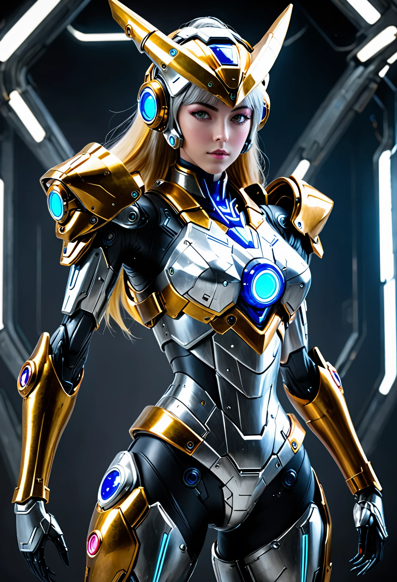 Wearing a mechanical suit, mechanical marvel, cyberpunk, futuristic armor,arms， whole body, frontal pose, symmetry, complex (steel metal [rust]), joint, Warframe style，Sailor Moon，Mecha girl