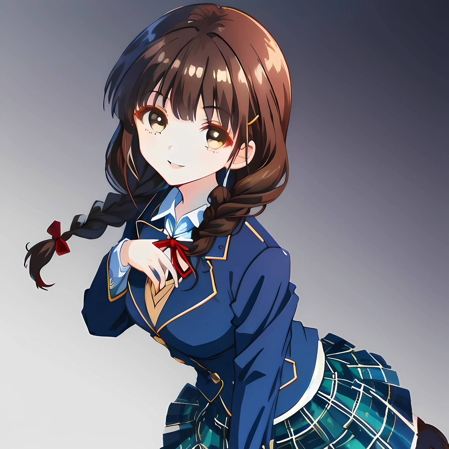 highest quality, (masterpiece:1.2), High resolution, perfect pixel, very detailed,thin sharp lines, ((smooth texture:1.2, Anime CG style)), ((only one girl)), A very neat girl looks at the viewer and smiles, glossy lips, Neat and nice smile, big brown eyes, (((dark brown hair))), 15 years old, big shiny hair clip, , ((Dark blue blazer with golden emblem on the left chest)), ((Japanese style school butterfly ribbon with large navy blue stripes on the chest)), very shiny hair、laughter、bright look、Both face and hair catch the light and shine, Cute braids, (((a pair of dark brown tightly braids hair style))), ((((dark blue & deep navy colored tartan checkered middle long skirt)))), the skirt is very cute, brown leather shoes, white socks,
