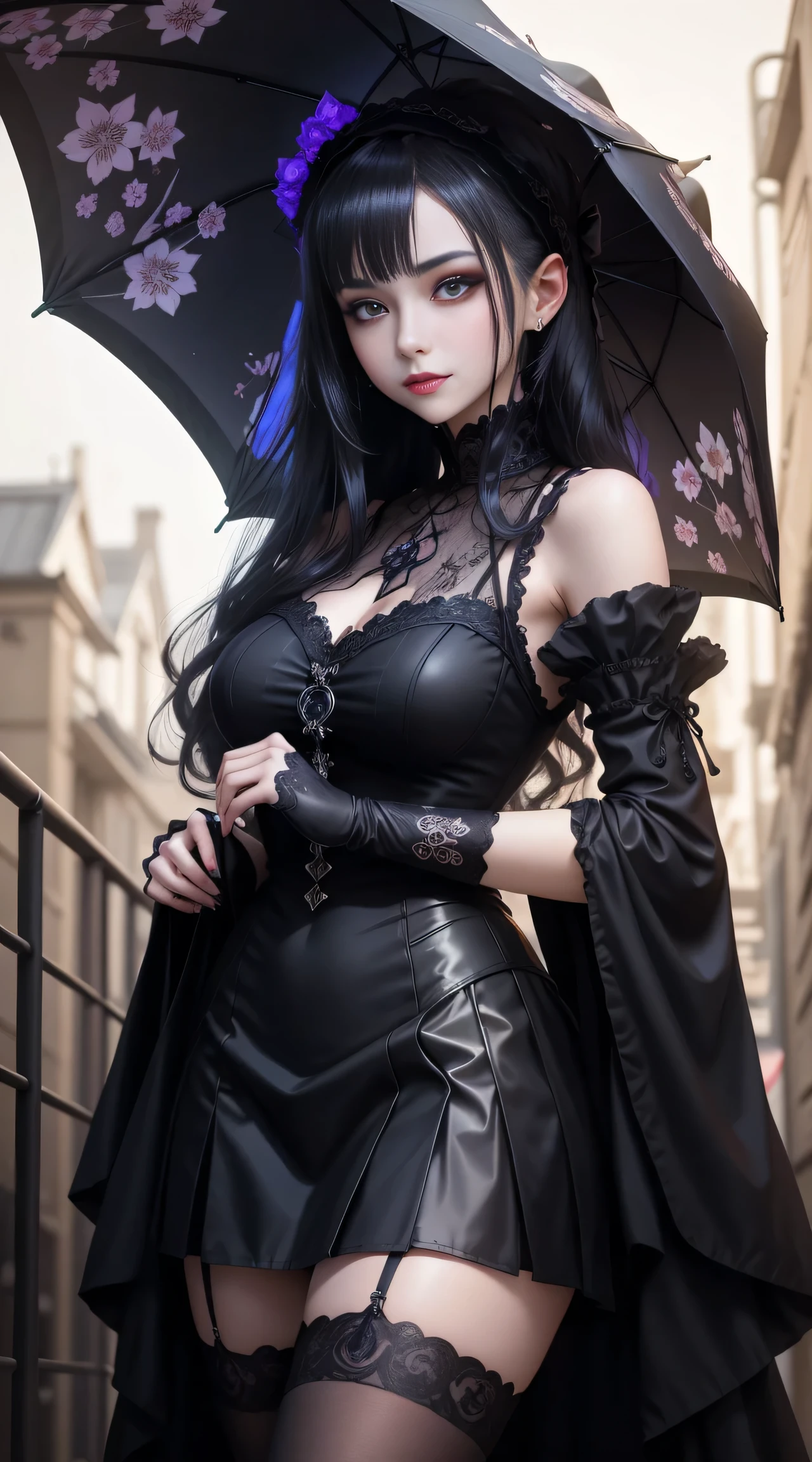 Gothic ta、gotik、18year old、boredom、garterbelts、knee high socks、A slight smil、A sexy、Glamour、shadings、wretched、Beautie、Glamorous、Dark smile、Dark ambient space、bell sleeves、Wizard Sleeve、Deep、gasp、doress、Cheek dyeing、Beautiful world、Goth Lorica Headband、Dark Gothic Makeup、Mysterious、Japanese umbrella、Night cherry blossom background、、Black long straight hair、One Piece Lace Blue、the witch、gasp、doress、