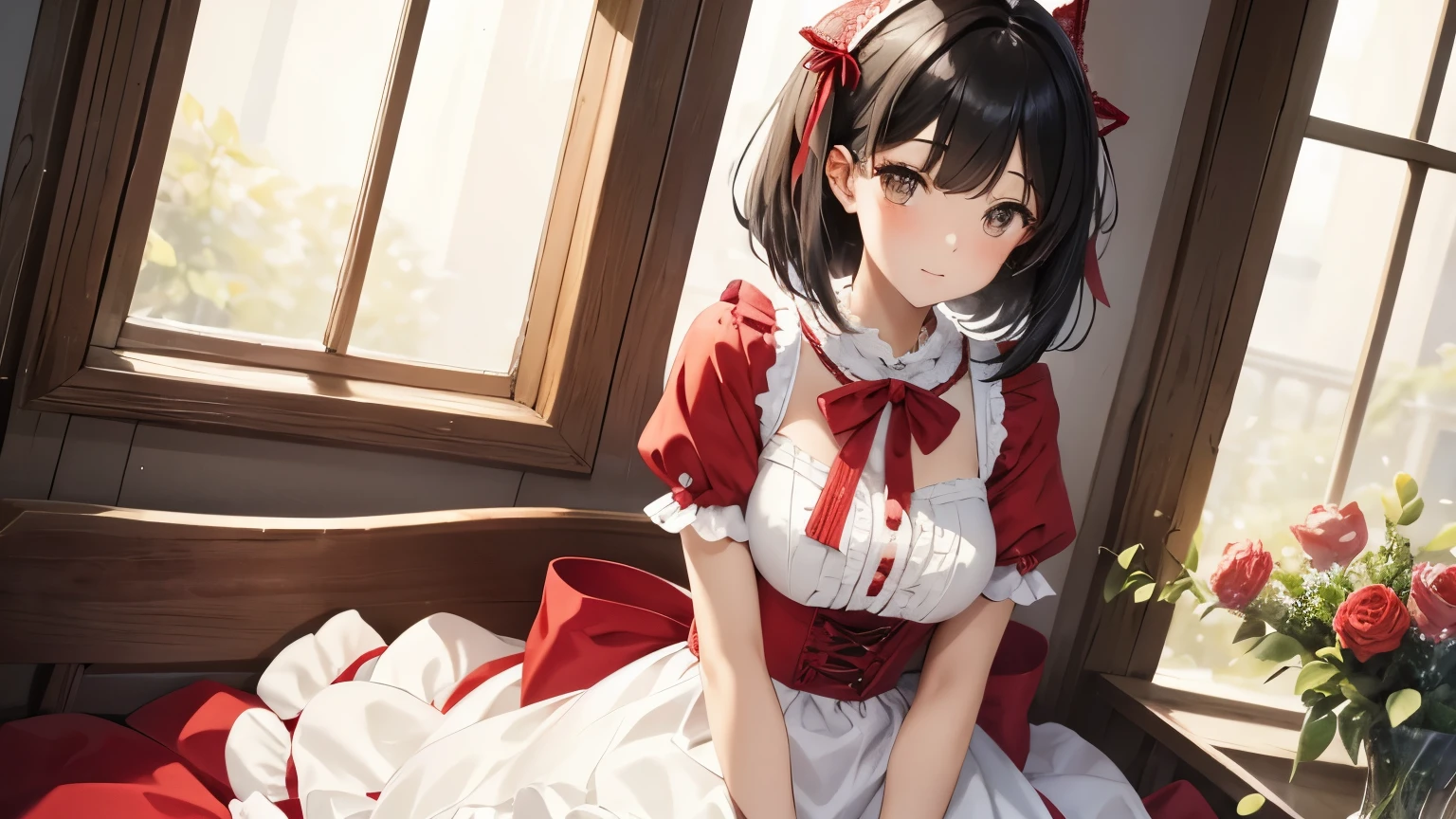A beautiful girl wearing a red and white sweet dress with lots of frills and lace. black bob hair with big ribbon