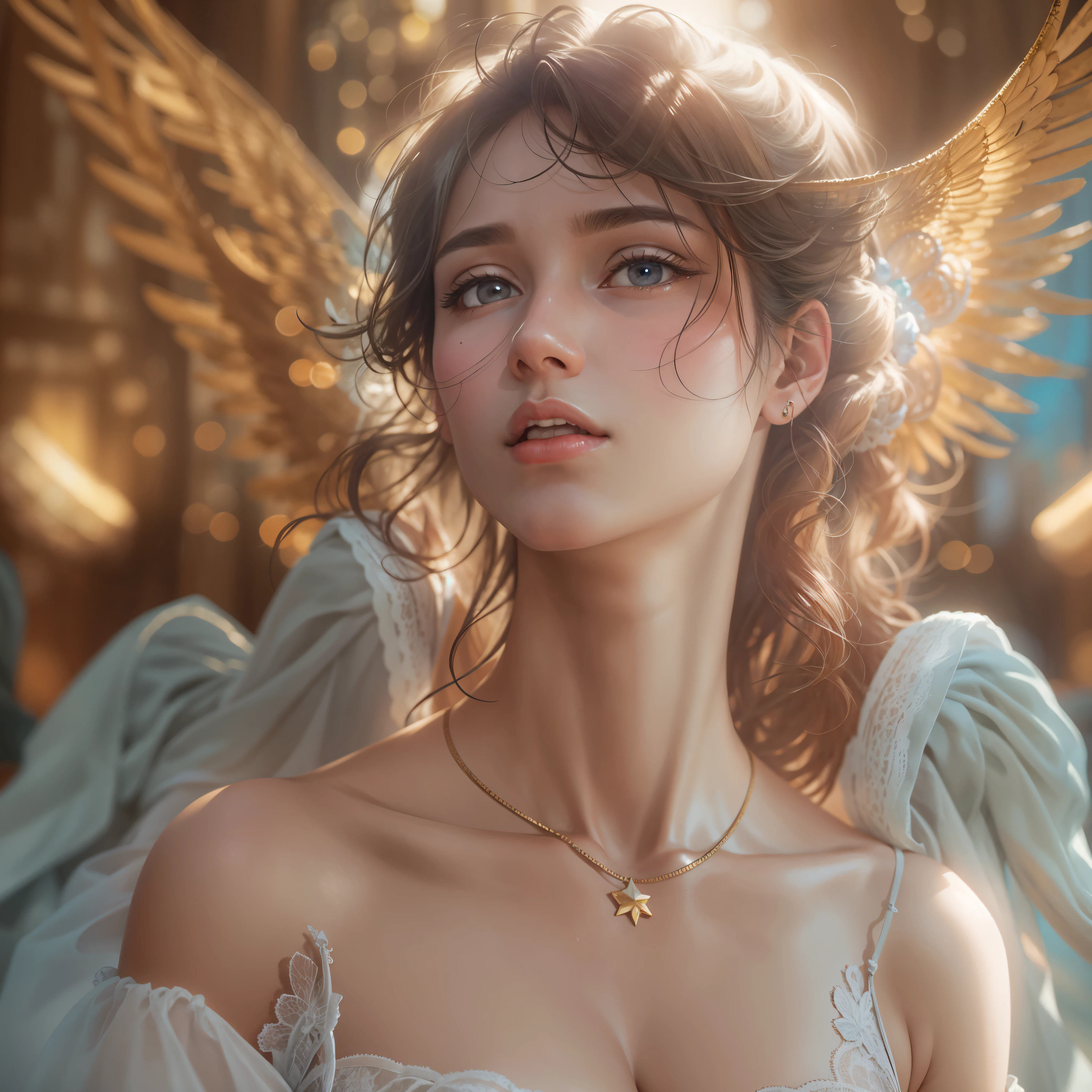 masterpiece, highest quality, 8K, real person, realistic, Very detailed CG, shiny skin, Fully focused, heaven, glory of god, shine, Angel, bless, happiness,