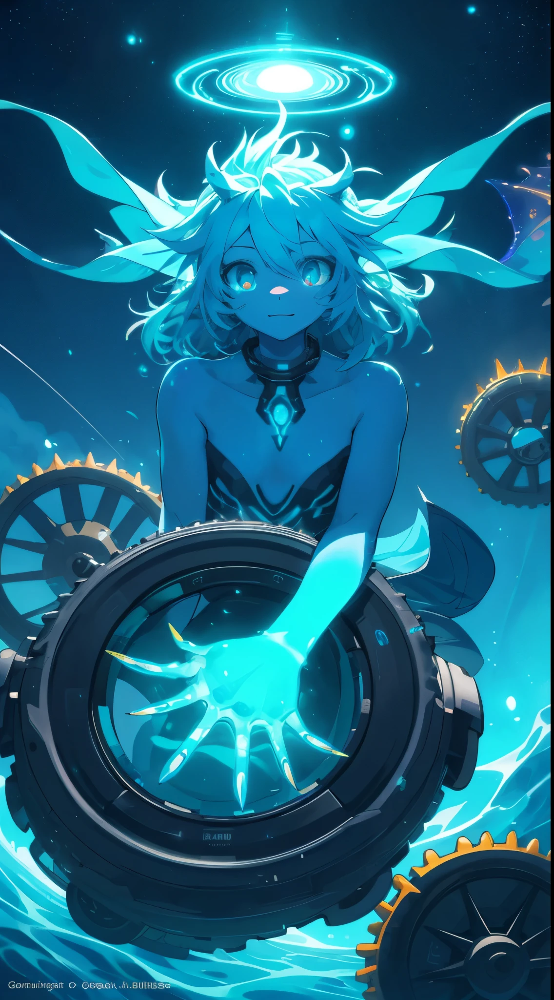 ((Bestquality))((Masterpiece))((realisti))portraits, 1girle, celestial bodies, GOD, goddess, Light particles, Halo, looks at the viewer, Firm eyes, Bare Shoulders, Chest tube parietal, Poker face(bioluminescense:0.9, girls:0.5)Ocean, bioluminescense, full of energy, colorful, colour(bioluminescence, bioluminescence)(Beautiful compositionCinematic Lights, Wheels within wheels(symmetric:0.5 girls)Whimsical,