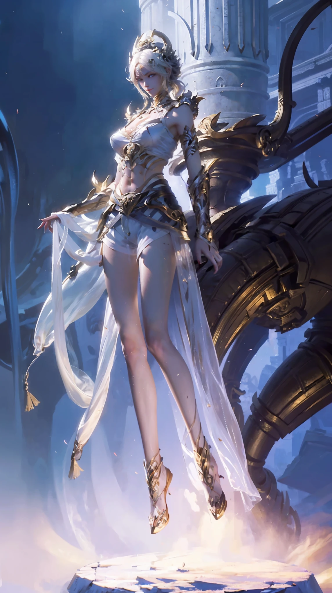 a white hair、Close-up of woman wearing white mask, beautiful figure painting, guweiz, guweiz style artwork, White-haired God, author：Yang Jie, Epic and beautiful character art, Stunning character art, author：Fan Qi, by Wuzhun Shifan, guweiz in pixiv artstation street, single ponytail, Side Mao Insult, high ponytail, tall figure, long legs, (sleeveless lace shirt), (shorts), (striped )), ((striped )), walk, elegant, dignified, feminine, Beautiful curves, sweet smile, Strong sense of detail and layering, Rich and gorgeous colors, Has a unique texture, colorful, Color harmony, vivid, design art, 16k, super detailed, {{illustration}}, {extremely delicate and beautiful}, {Sophisticated finish}, Super detailed, Exquisite glowing eyes, {{movie lighting}}, Extreme light effects, Model: realism, CFG scale: 12, lola: Bright texture (1.35), high quality, masterpiece, Exquisite facial features, Delicate hair depiction, Delicate depiction of eyes, masterpiece, best quality, Ray tracing, Extremely detailed CG unified 8K wallpaper, masterpiece, best quality, (1 girl), perfect female figure, (((tight white t shirt))), beautiful eyes, (delicate face), short black hair, hair tied up, Light blue hairpins, (White skin), (best lighting), (Super intricate details), 4K unified, (super detailed CG), Showing white legs, , hot pants, shorts,