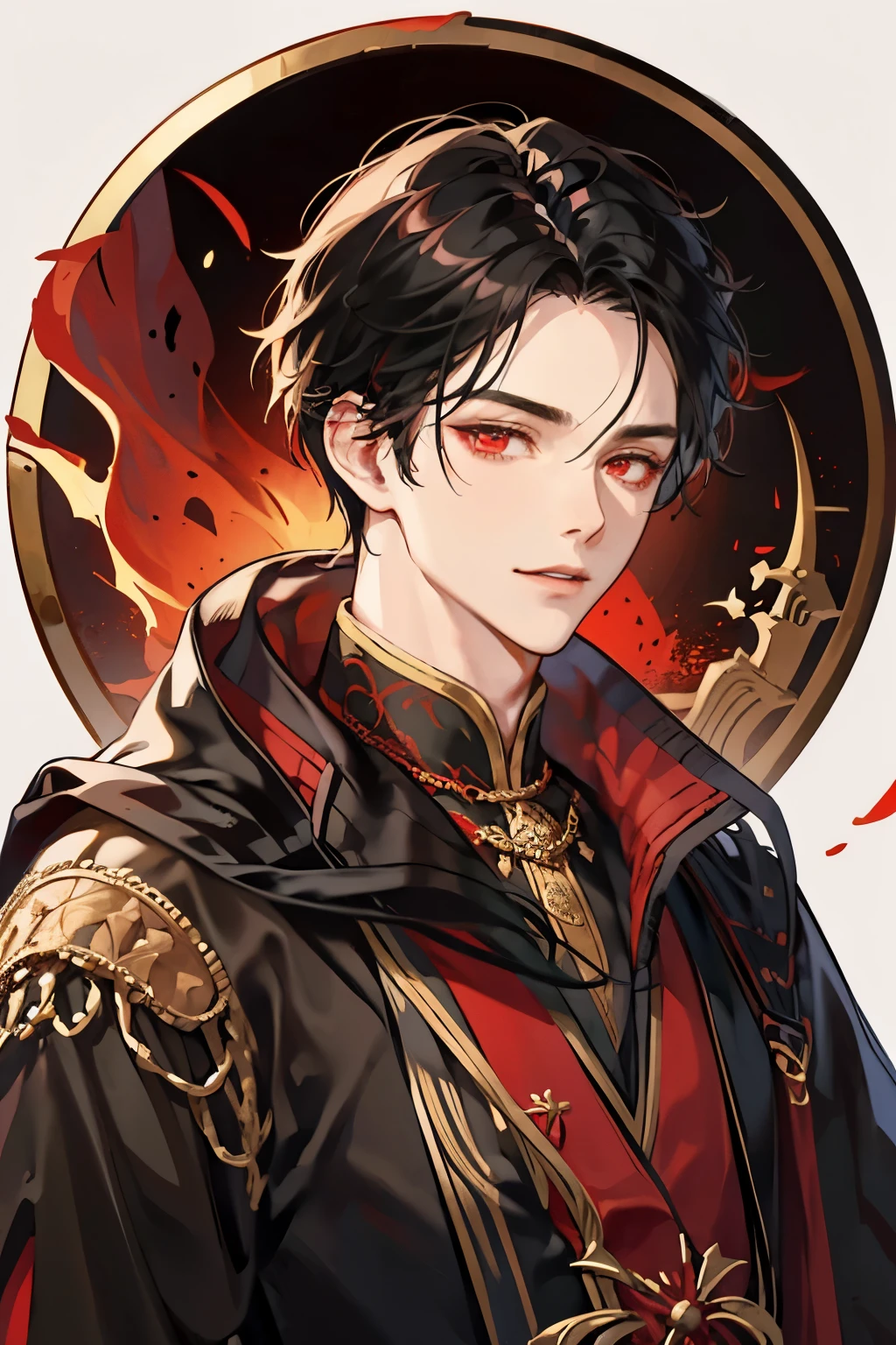 1 male, aldult, Handsome, short black hair，Center parted bangs, dark red eyes, Condescending giggle, The prince wearing black clothes with gold embroidery，dark red cloak, Chinese court, close up, posture，perfect facial features，Exquisite eye details