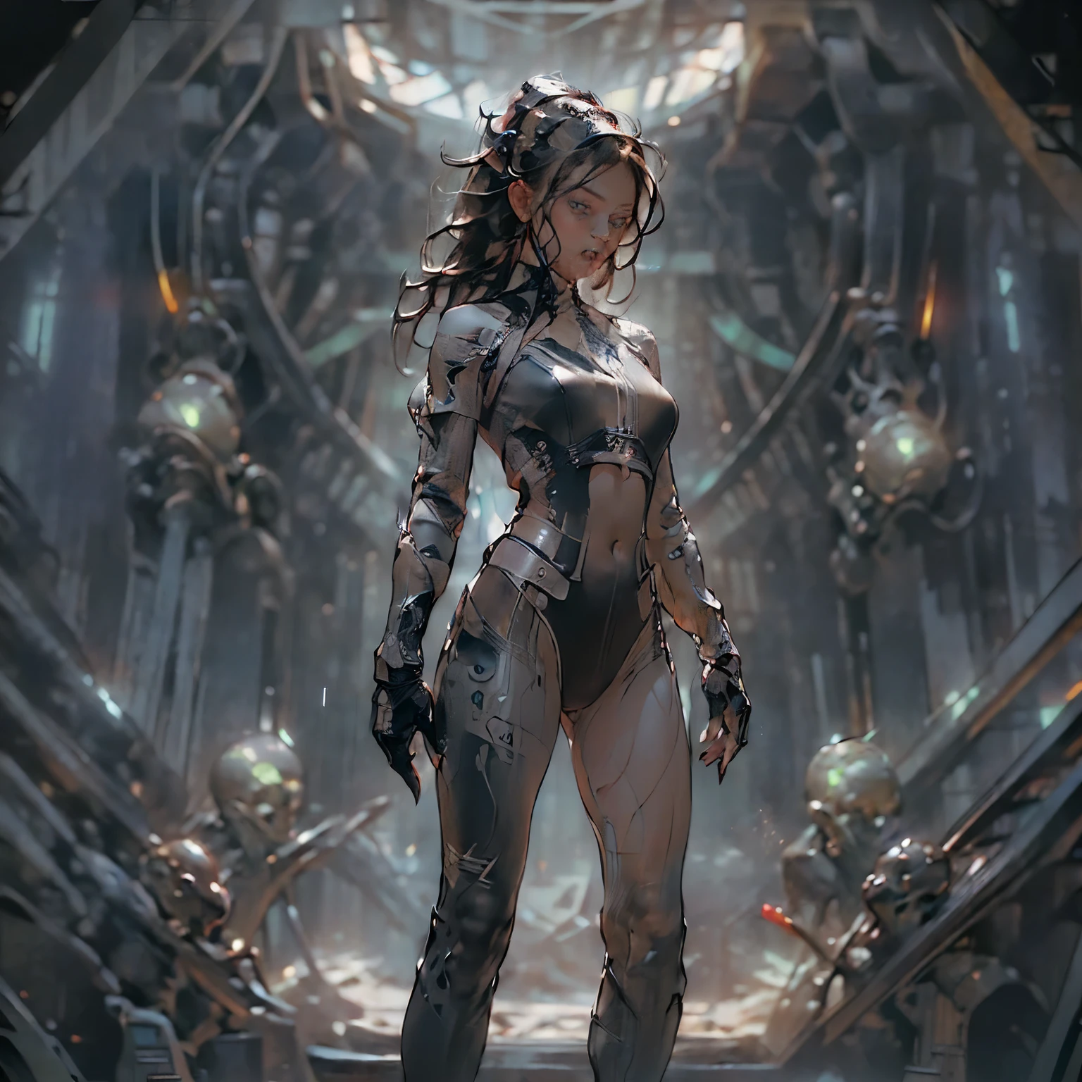 ((Create, one girl 16+), (smoke, fire, shooting), (spaceship airlock, fantastic scene), (dramatic, contrast lighting))_((One girl 16+), (thin graceful body, floor length facing the viewer, standing at full height, powerful weapon in hands), (dynamic pose), (1 machine gun, holds with both hands), (stands with legs wide apart), (sexy, erotic, beautiful figure), (straight, black long, hair), (thong, short T-shirt, bare shoulders), (navel, narrow hips, beautiful breasts))_((Artistic stylization), (fantastic film), (clear line, high-quality digital painting))_((Juicy colors, saturation, harmony, balance), (background - dark, cold tones, gloomy setting of a spaceship), (fantasy-horror, - cyberpunk, deep space, spaceship))_((Sexy, erotic), (hands in elbow pads , palms are dressed in tactical gloves), (bare thighs, bare stomach), (legs in combat knee pads, thigh-high leggings), (high leather boots with lace-up heels), (mixed styles, erotic, NSFW, combat scene) )_((Background; (films; Lucas Arts, R.S. Giger “Alien”, Giger’s monsters, space monsters), (stunning scene in a spaceship - “Aliens”), (hot light, cold contrasting shadows))_((Cinematic masterpiece, the highest quality), (horizontal clear frame), (warm range of colors, hot light, contrasting light with cold shadows))_((Cinematic digital painting), (soft clear shapes, wide strokes, attention to detail), (clear elegant line, color fill))_((High quality, 16K | Ultra HD | Full HD)).