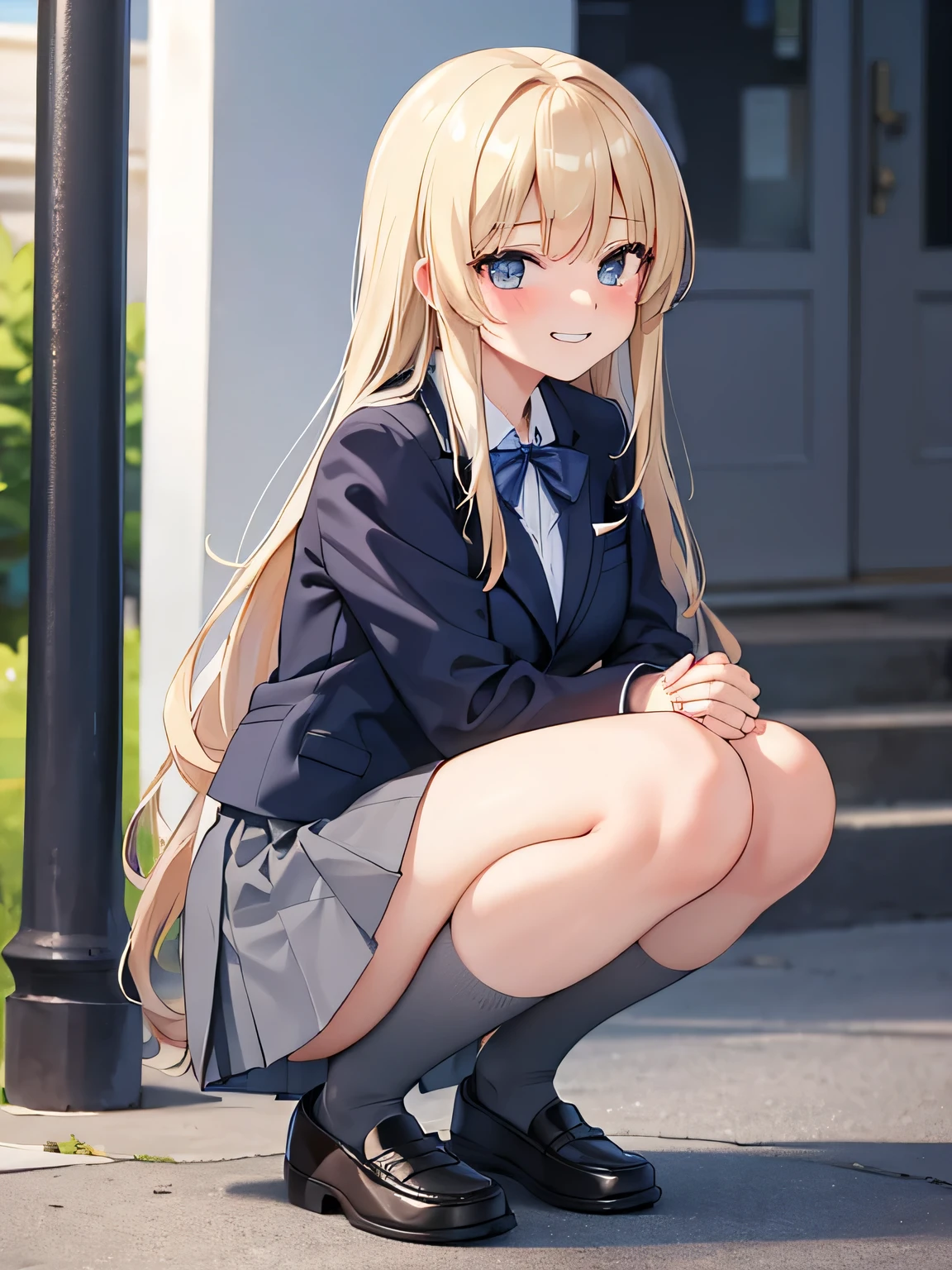 (masterpiece, highest quality, High resolution, realistic pictures, realistic skin:1.1),
(There is one high school girl:1.5),
(long blonde hair, No bangs: 1.5),
(She is squatting with her knees together:1.8),
(her thighs are pressed together:1.8),
(her body is facing us: 1.5),
(Embarrassing but provocative, grinning expression:1.5),
(She is wearing a navy blue blazer from her high school uniform.:1.8),
(She is wearing a grey miniskirt from her high .: 1.8),
(Both feet are wearing black loafers:1.8),
(Both of them are wearing dark blue knee socks.: 1.8),
(The socks match the color and length of both feet.:1.8),
(Simple white cotton panties:1.5),
( upper arm: 1.5),
( two legs: 1.5),
(Location: high school courtyard:1.2),
1 Japanese girl, alone, Full-bodied Esbian, beautiful eyes, shining eyes, NSFW