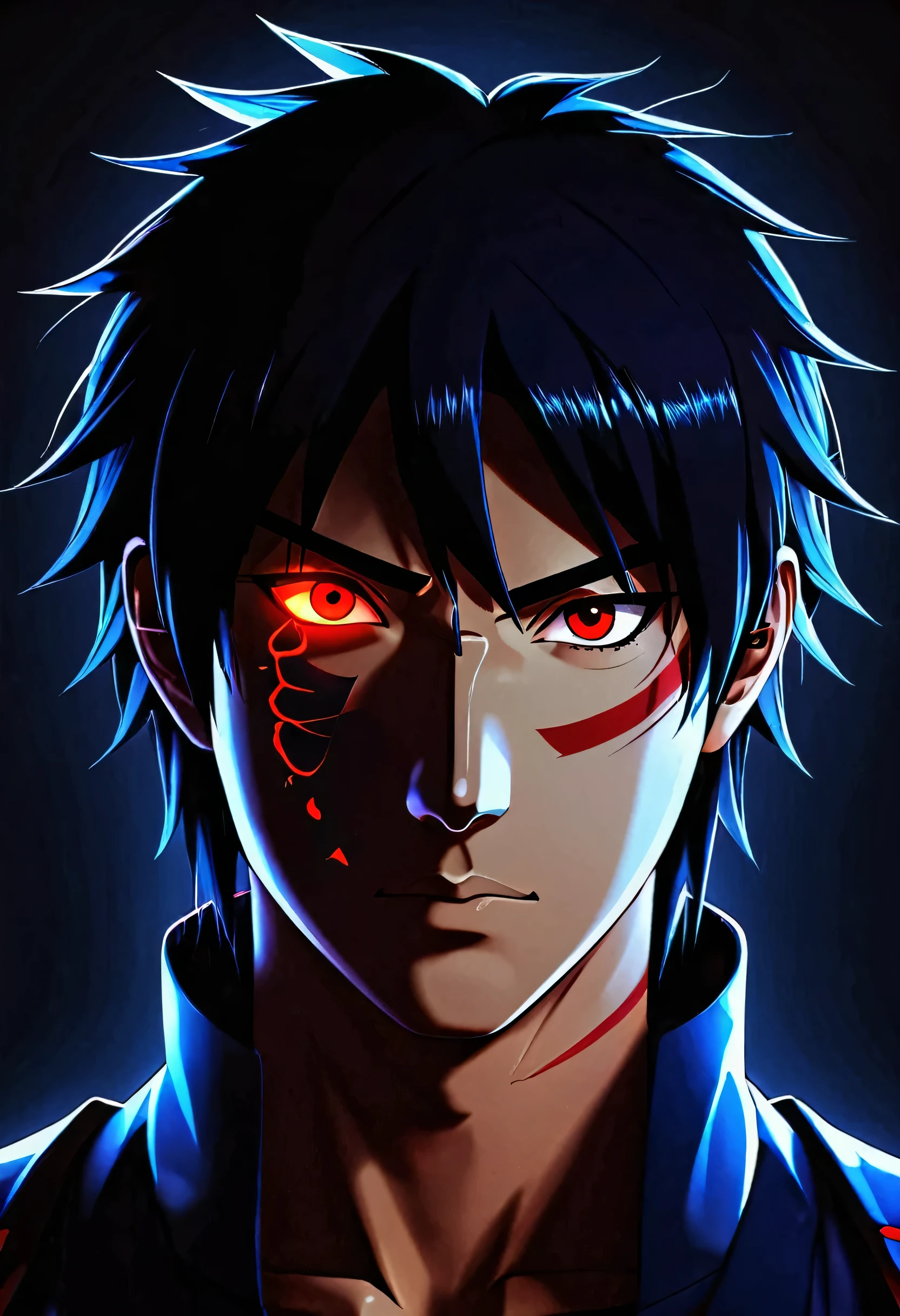 homem de anime uchiha Madaracom um comportamento sombrio e taciturno, com olhos vermelhos brilhantes e um sorriso malicioso, hack a powerful computer system with visible electrical currents flowing through your body, enquanto sombras sinistras o cercam, (sinistro:1.2), (escuro, moody lighting), (atmosfera sinistra), (Contrast between Light and escuro)