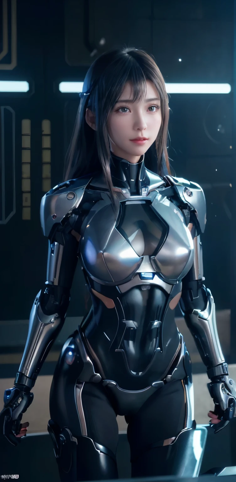 masterpiece、((metallic black suit))、 ((plug suit)), ((超beautiful girl:1.2))、I am a mechanized body、mechanical limbechanical lipechanized chest and abdomen、mechanized occiput、Mecha leg rack metallic suit that fits perfectly to the body、 Are standing、tied up、金属robot、((cyberpunk background))、(neon light)、(futuristic machine factory background)、Cyberdyne、Artificial bodies、All metal body、ironwork、abdominal mechanism、((robotアームとハンド))、((robotの足))、((machine neck))、Inside the spaceship、beautiful girl、、asian beauty, (Actuator and cable exposed from abdomen.、金属製robotの首から胴体までつながっている、Complex 3d rendering beautiful porcelain profile super become familiar withd female android face、cyborg、robot部品、150mm、Soft light in a beautiful studio、rim light、vivid details、gorgeous cyberpunk、Ren Hao、超realistic、anatomical、facial muscles、cable wire microchip、elegant、beautiful background、octane rendering、HR giger style、8k、highest quality、masterpiece、enlightenment、very delicate and beautiful、 非常にbecome familiar withなCG、unity、wallpaper、(realistic、Photoreal:1.37)、wonderful、become familiar with、masterpiece、highest quality、official art、Highly become familiar withd CG unity 8k wallpaper、absurd、incredibly absurd、、robot、silver beads、Full body Esbian、sit on top