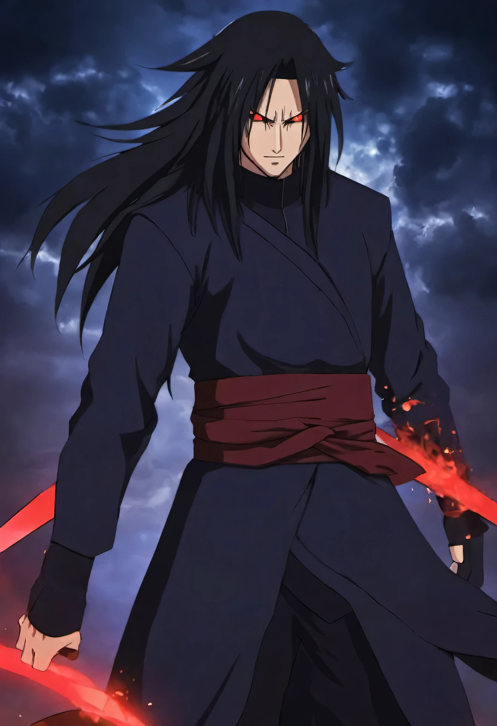 homem de anime uchiha Madara uchiha Madaracom um comportamento sombrio e taciturno, com olhos vermelhos brilhantes e um sorriso malicioso, hack a powerful computer system with visible electrical currents flowing through your body, enquanto sombras sinistras o cercam, (sinistro:1.2), (escuro, moody lighting), (atmosfera sinistra), (Contrast between Light and escuro) mostrar de corpo inteiro