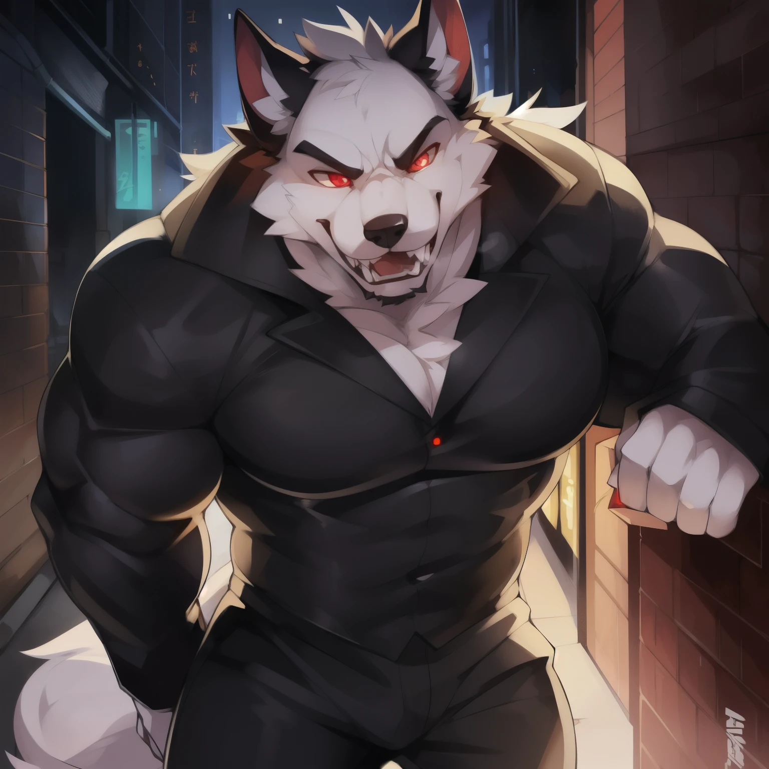 alone, male, through dark gems, by mystikfox61, author:flash trap boy, author:enro the mutt, by juice, permanent, canine, white fur, Red eyes, glowing eyes, muscular, huge, High, powerful, Strong, shallow, Wide, Thick, huge二头肌, huge pecs, teeth, fangs, giggle, rape face, expression, (((black suit))), black dress pants, alley, night,After school in Tokyo,Shino