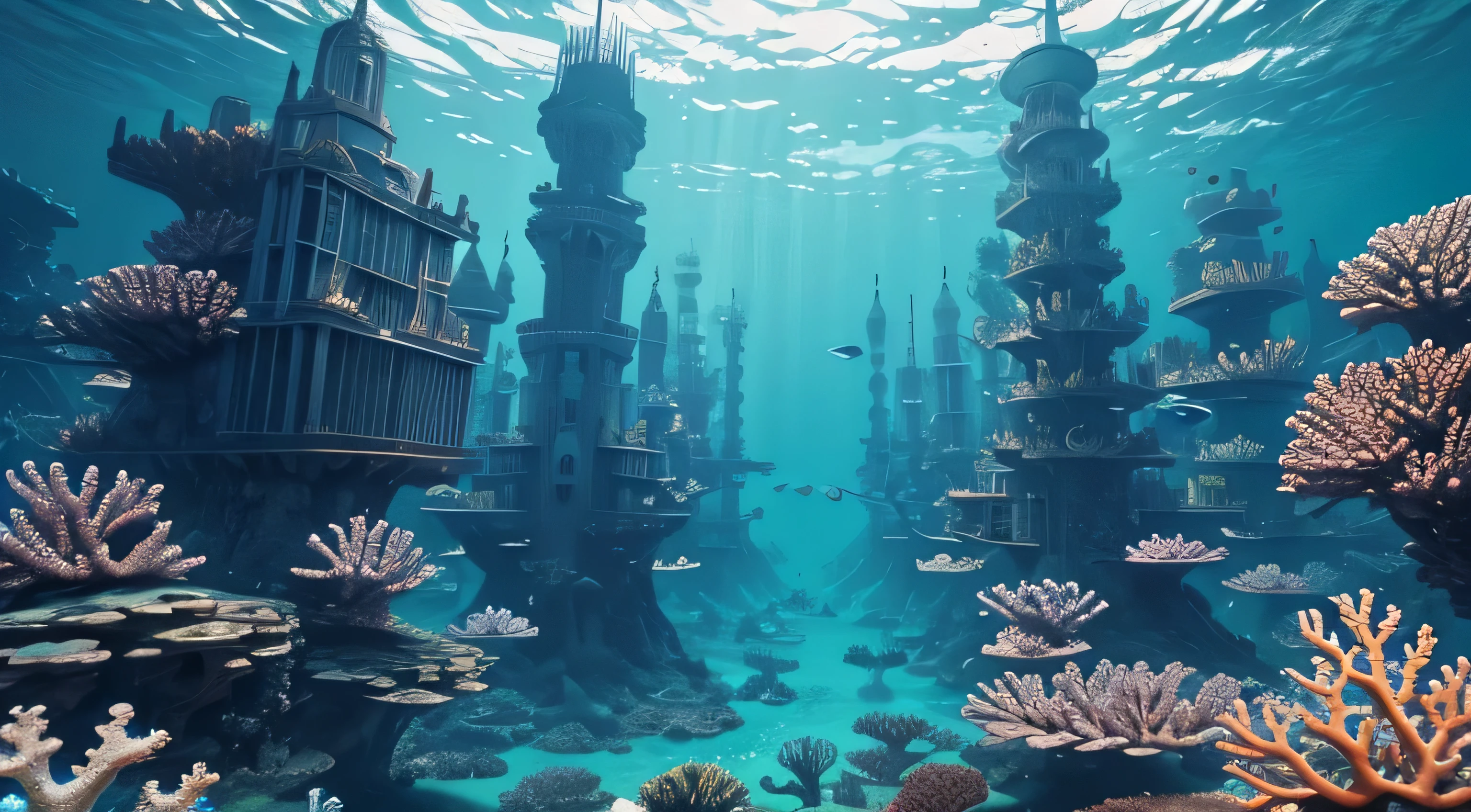 An underwater city with coral skyscrapers, merpeople commuting on seahorses, and schools of fish swimming through the streets.