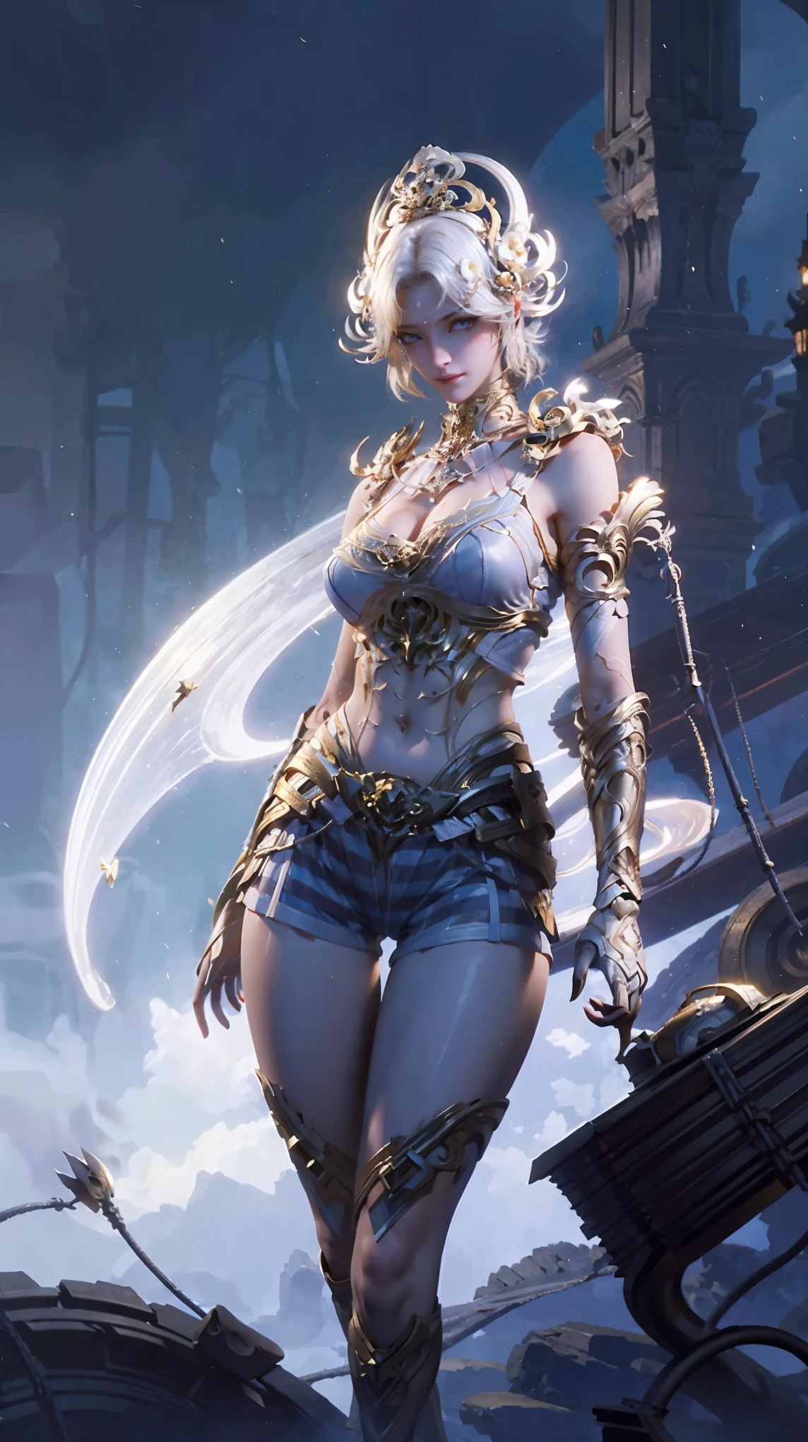 a white hair、Close-up of woman wearing white mask, beautiful figure painting, guweiz, guweiz style artwork, White-haired God, author:Yang Jie, Epic and beautiful character art, Stunning character art, author:Fan Qi, by Wuzhun Shifan, guweiz in pixiv artstation street, single ponytail, Side Mao Insult, high ponytail, tall figure, long legs, (sleeveless lace shirt), (shorts), (striped )), ((striped )), walk, elegant, dignified, feminine, Beautiful curves, sweet smile, Strong sense of detail and layering, Rich and gorgeous colors, Has a unique texture, colorful, Color harmony, vivid, design art, 16k, super detailed, {{illustration}}, {extremely delicate and beautiful}, {Sophisticated finish}, Super detailed, Exquisite glowing eyes, {{movie lighting}}, Extreme light effects, Model: realism, CFG scale: 12, lola: Bright texture (1.35), high quality, masterpiece, Exquisite facial features, Delicate hair depiction, Delicate depiction of eyes, masterpiece, best quality, Ray tracing, Extremely detailed CG unified 8K wallpaper, masterpiece, best quality, (1 girl), perfect female figure, (((tight white t shirt))), beautiful eyes, (delicate face), short black hair, hair tied up, Light blue hairpins, (White skin), (best lighting), (Super intricate details), 4K unified, (super detailed CG), Showing white legs, , hot pants, shorts,
