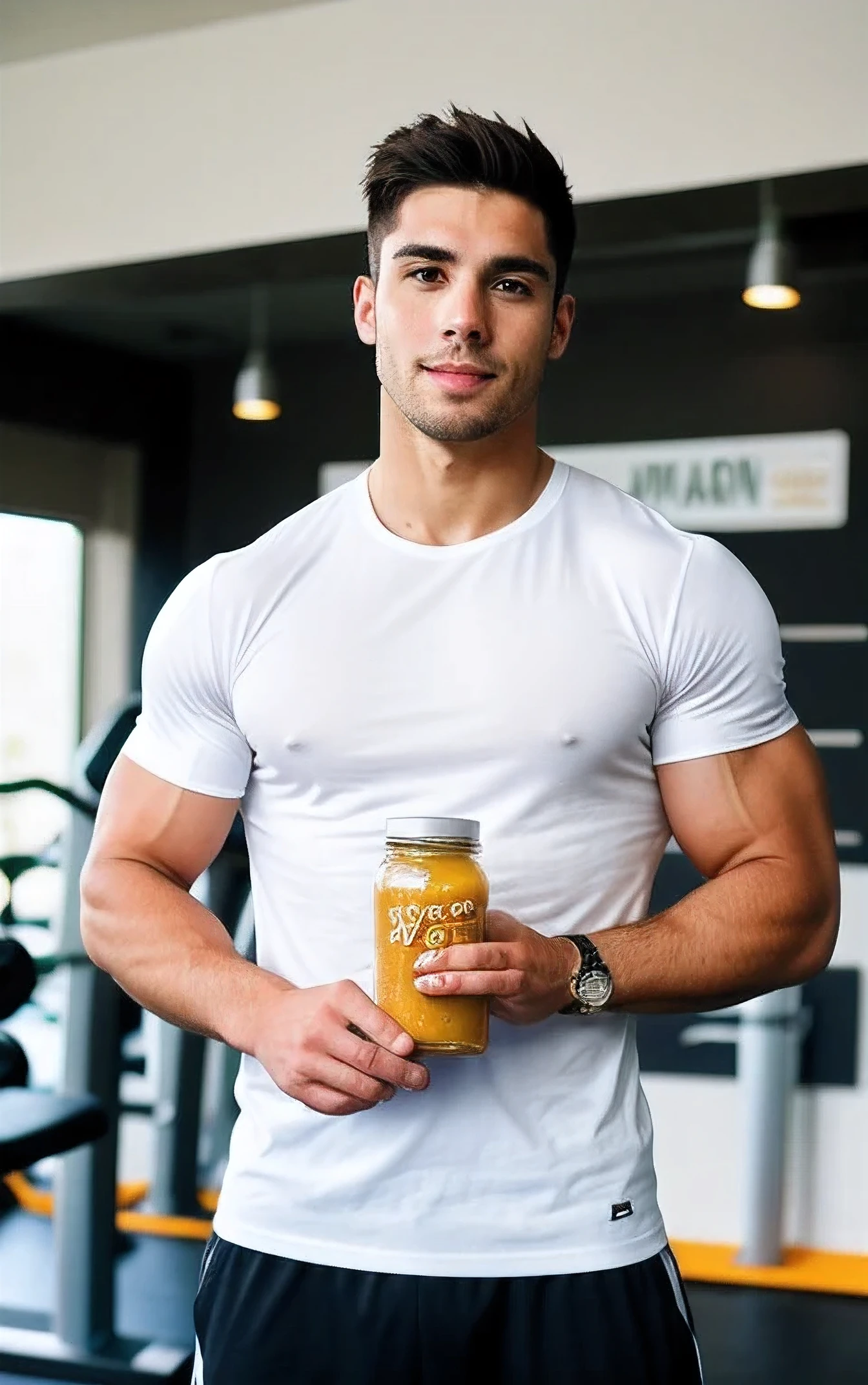 Male athlete, 25 years old, brunette, muscular body, wearing a T-shirt, originally from Peru, standing in the gym, upper body in the photo, ultra-realistic, holding a jar of vitamins, standing in full-face, upper body, in the gym, showing a jar of vitamins , realistic, photo, holding a jar of vitamins , realistic, photo, holding a jar of vitamins