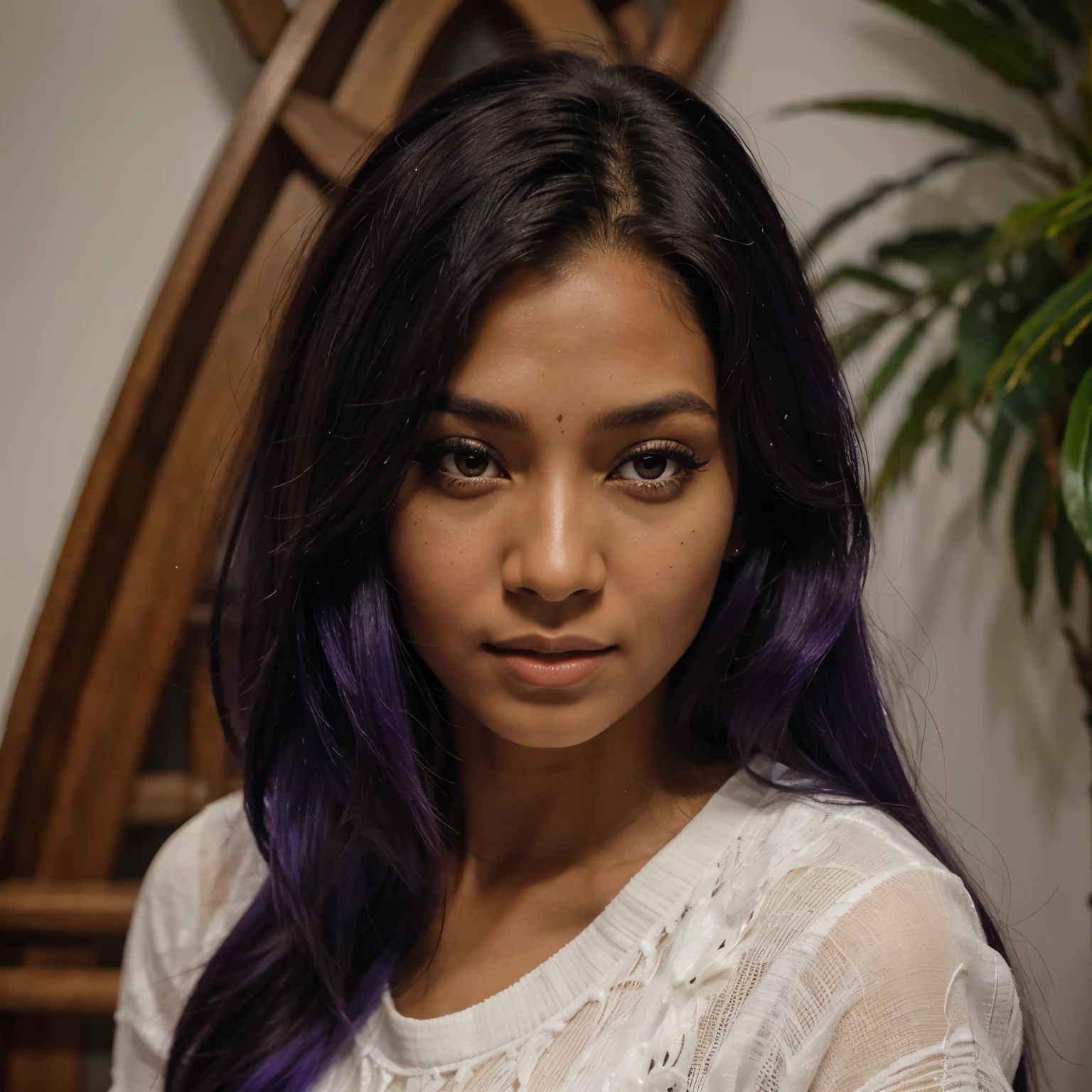 Pele parda,cabelo ruivo,olhos violeta e cabelo ondulado
