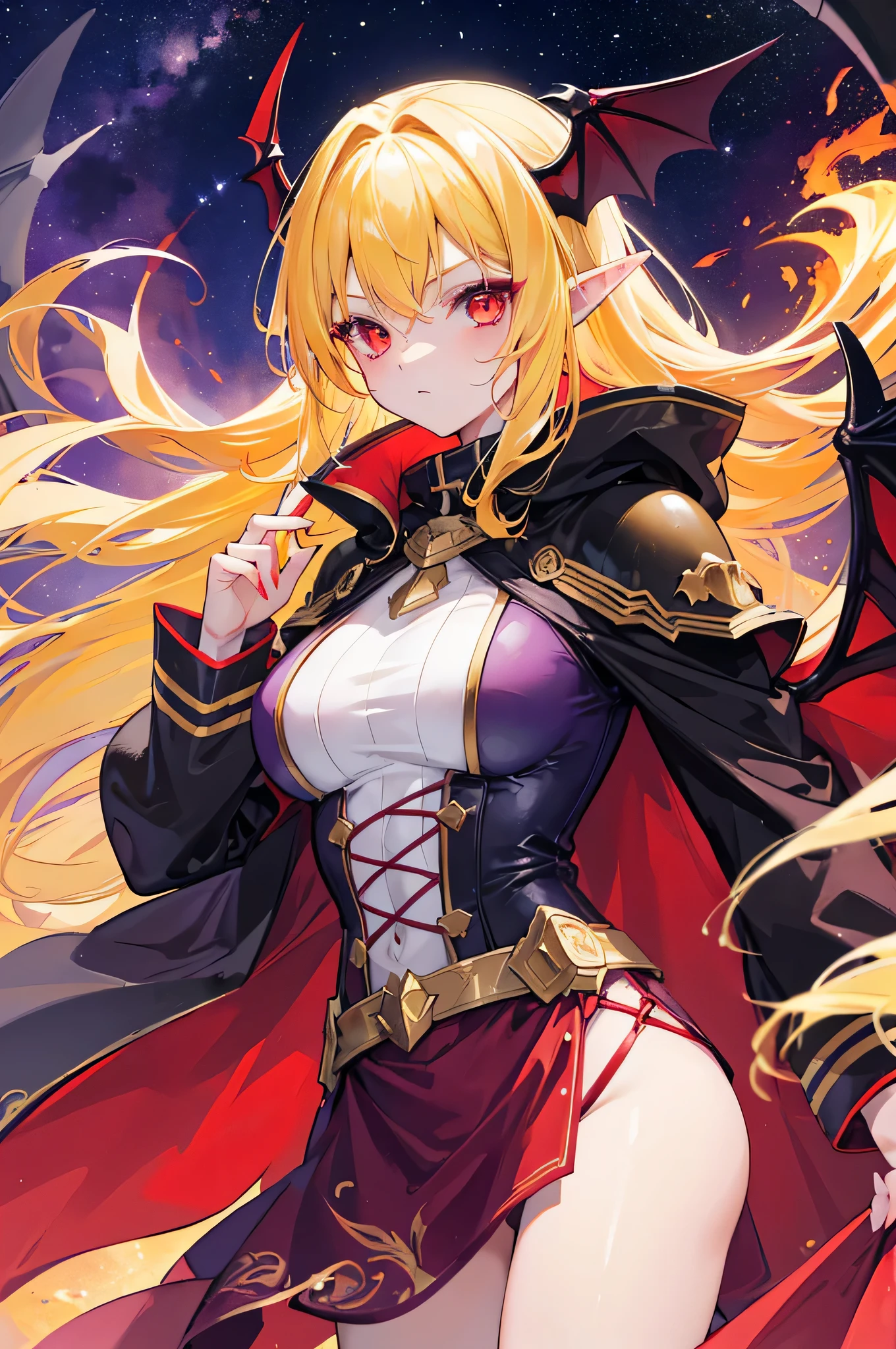 girl,vampire,yellow hair,Red eyes,glowing eyes,Elf ears,sense of the future,starry sky,Golden armor,red cloak,golden bat wings,fire,purple lightning,,epic,Gorgeous,4K