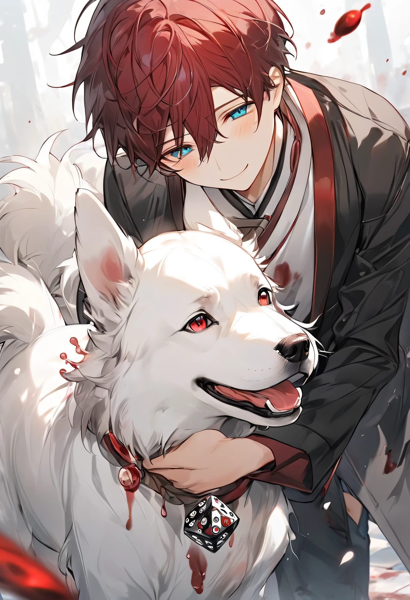 boy holding a white dog,dog walks ahead,dog lowers his head,Looking at a white jade dice,The boy is wearing a white shirt,The top is a black jacket,There are a few drops of red blood on the hem of the white shirt,The boy smiles very gently and brightly,The boy's eyes look sad