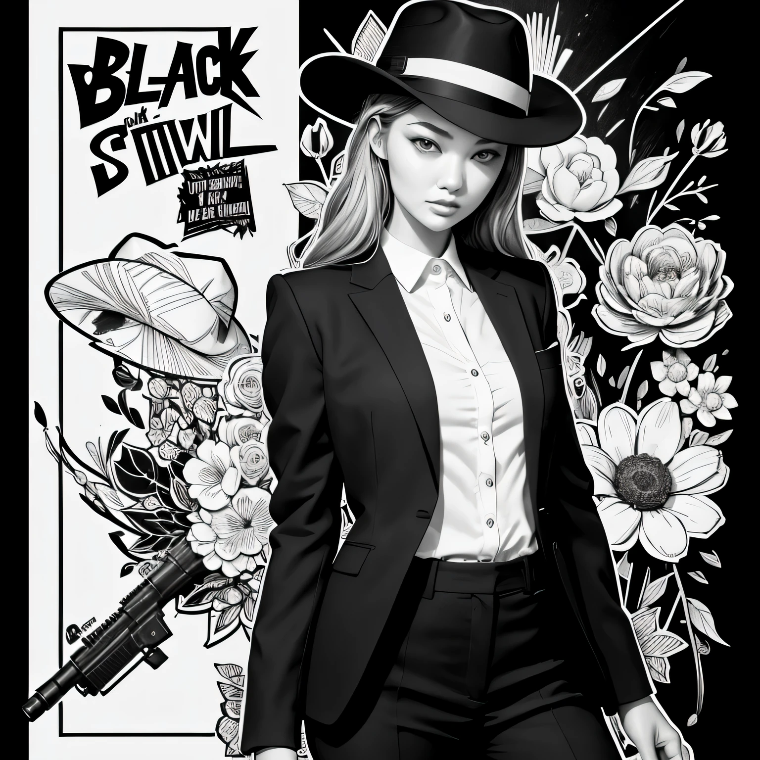 Black and white stick figure 1 girl with flowers, lots of flowers in background, in Office Suit, its fine ink line art, comic style, wide shot of ploynesian girl, Gigi Hadid, wearing fedora hat, holding a mini gun, beautiful line art, black and white comic style, pencil and ink caricature drawing, black and white coloring