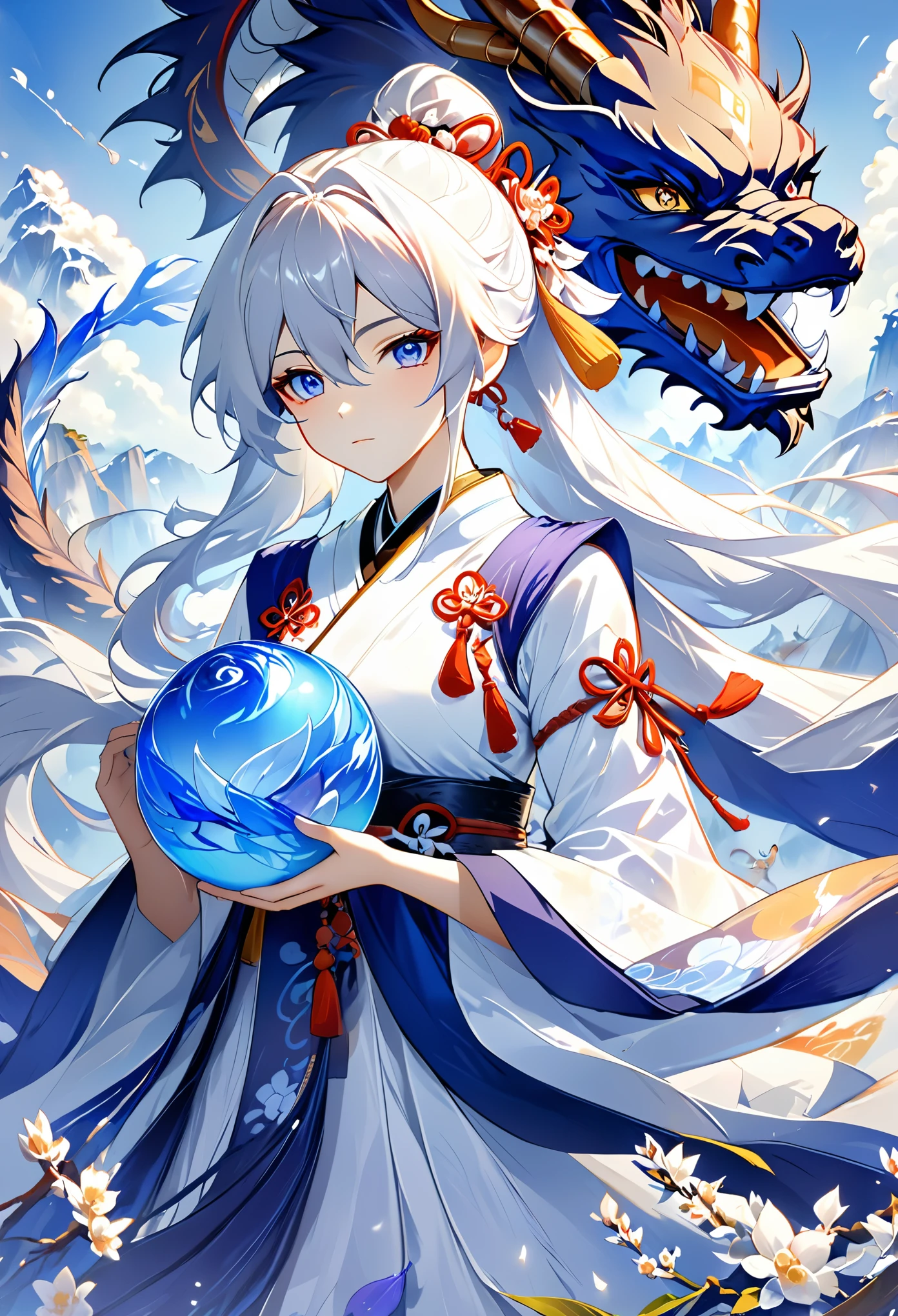 Wearing a blue and white dress、anime girl holding blue ball, Onmyoji, Onmyoji detailed art, Onmyoji portrait, White-haired God, keqing from Genshin impact, Genshin, from Arknights, zhongli from Genshin impact, heise jinyao, by Shitao, dragon, author:Yang Jie, yun ling