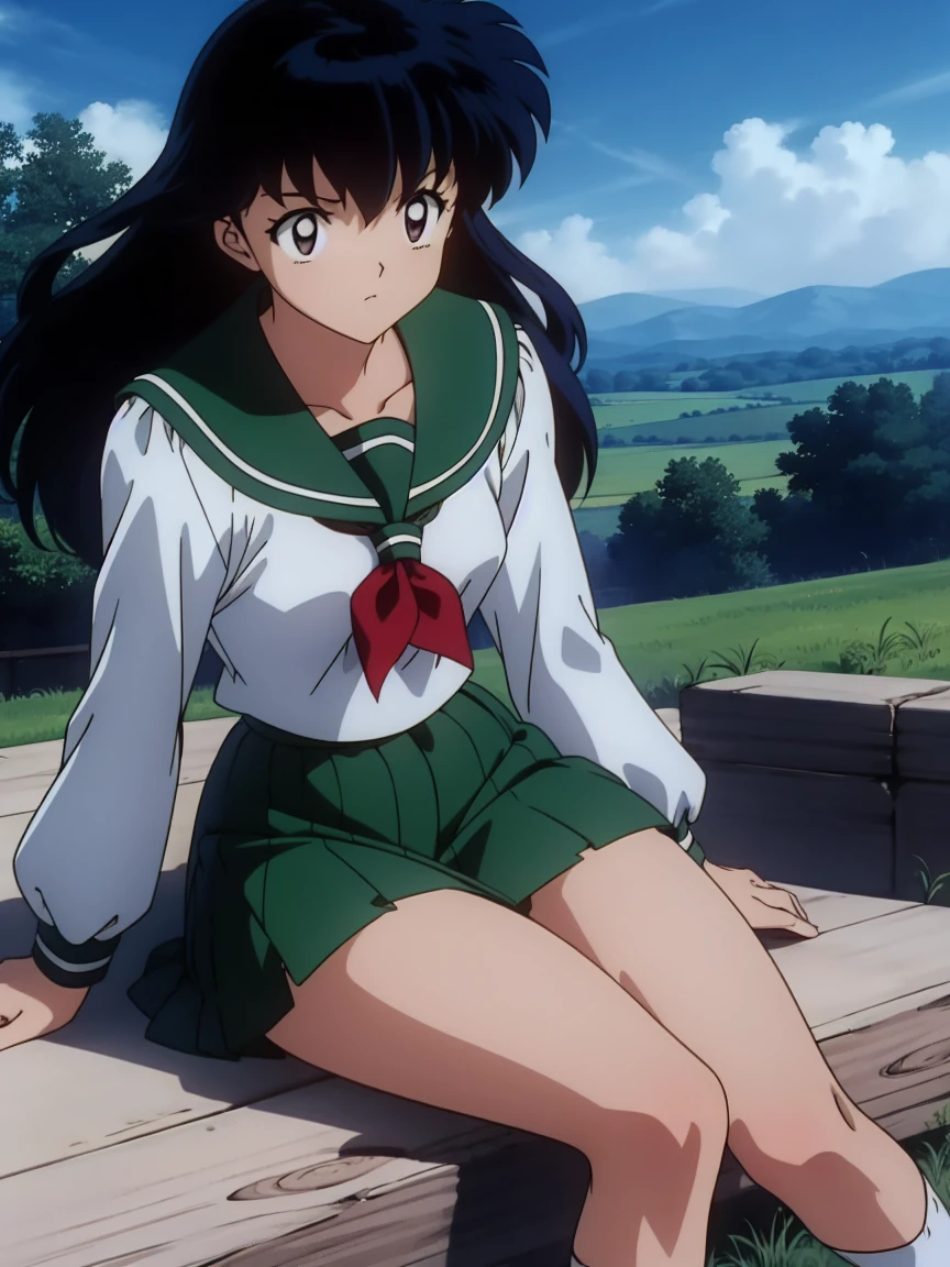 (Masterpiece: 1.6, Best Quality), (Fine Beautiful Eyes: 1.2), (best quality, masterpiece, highres), kagome higurashi, 1girl, solo, green , soft thighs , long sleeves, white socks, scenery , Best Quality, ((anime)) ((Colored)) HD, ,Sitting, Green skirt, Red scarf, long  hair, Black hair between the eyes, Thighs are soft, school background