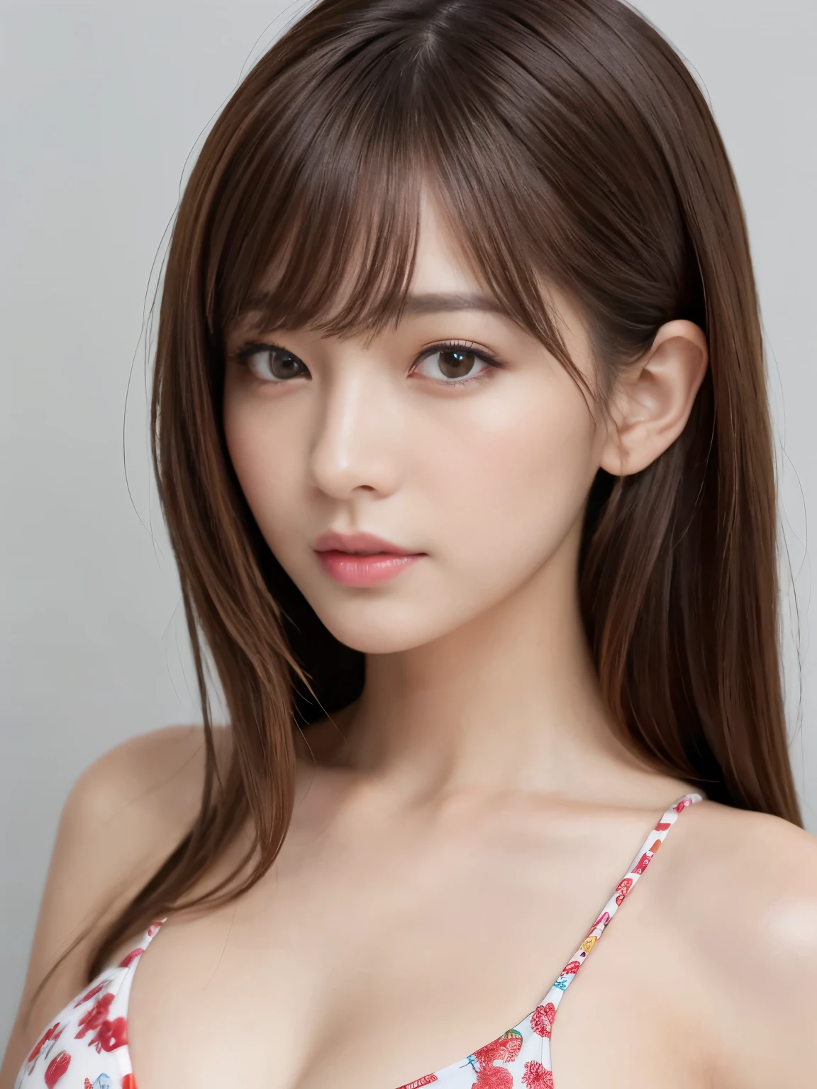 (Best Quality, 8k, 32k, Masterpiece, UHD: 1.3), Attractive Japan Woman Pictures, One Girl, Perfect Body, Ultra Detailed Face, Detailed Lips, Fine Eyes, Double Eyelids, (bikini), light brown hair, asymmetrical hair, asymmetrical bangs, messy hair,