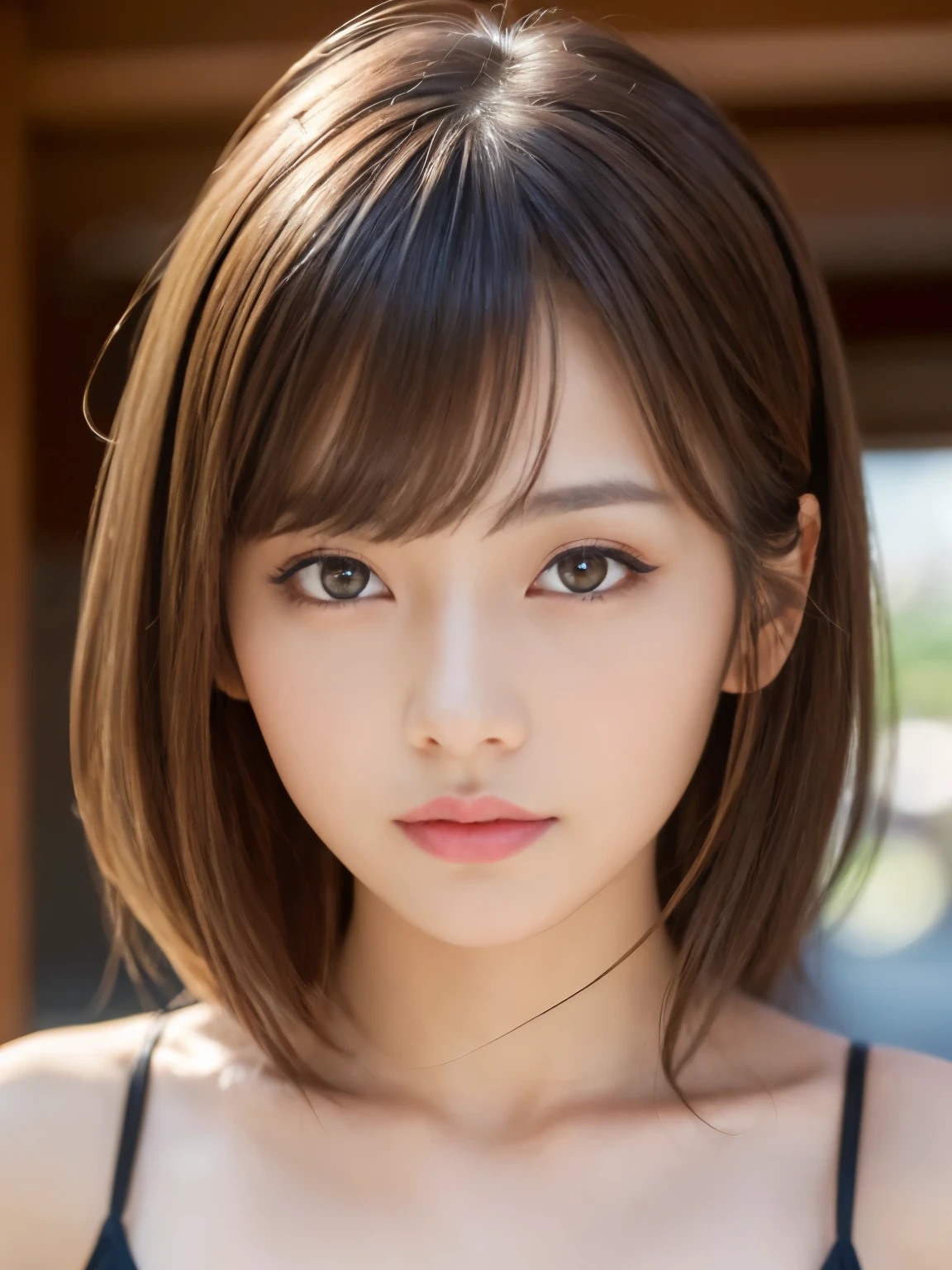 (Best Quality, 8k, 32k, Masterpiece, UHD: 1.3), Attractive Japan Woman Pictures, One Girl, Perfect Body, Ultra Detailed Face, Detailed Lips, Fine Eyes, Double Eyelids, (bikini), light brown hair, asymmetrical hair, asymmetrical bangs, messy hair,