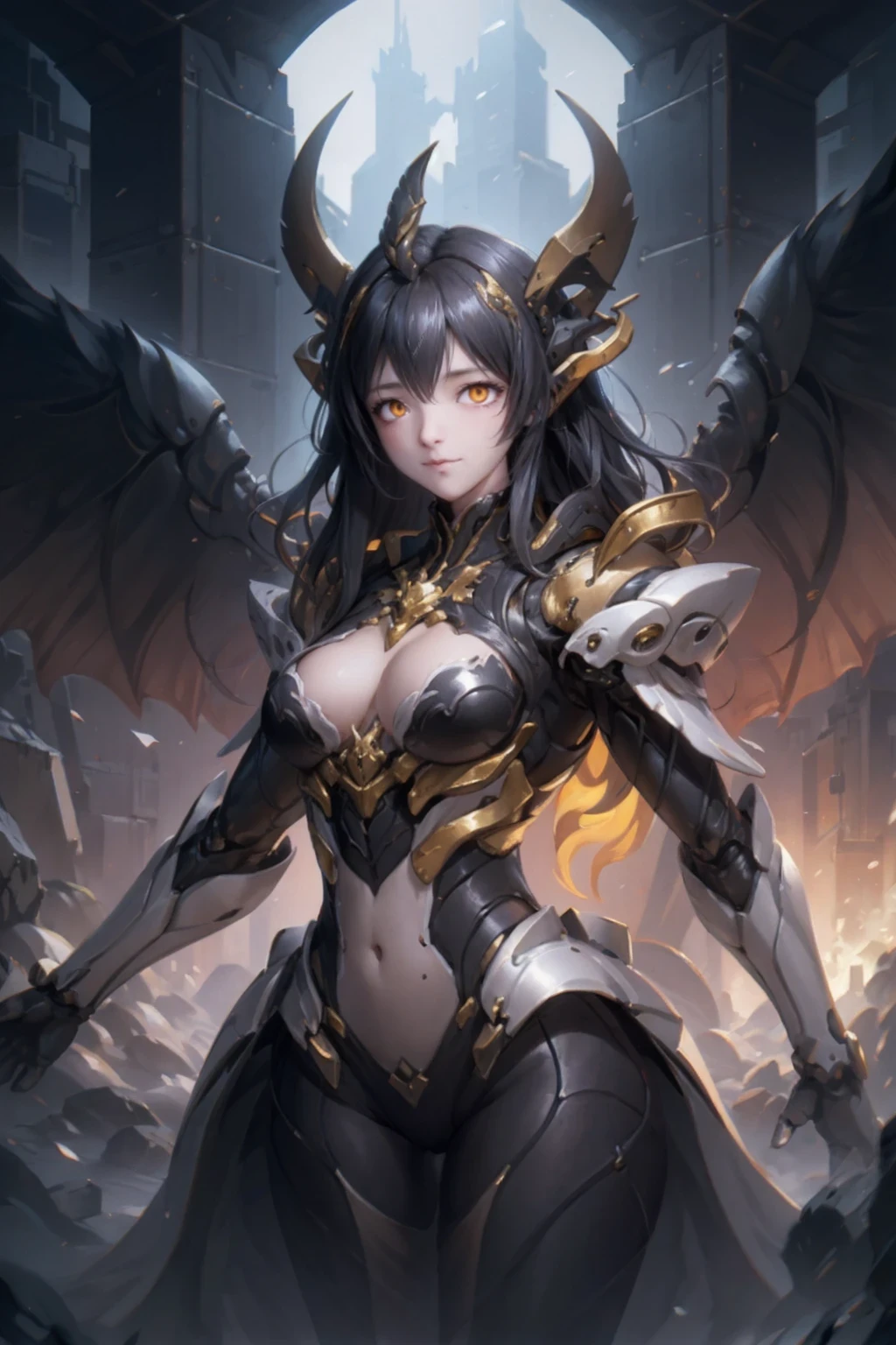 1 girl, breast, alone, horn, long hair, Albedo (Overlord), wing, large breast, skirt, Hip vents, black wing, white Gloves, Gloves, looking at the audience, black hair, white skirt, bare shoulders, hair between eyes, yellow eyes, feathered wing, demon horn, Smile, feather, devil girl, split, slit pupil, split collar, Bangs, very long hair, Keep your mouth shut, black feather, Cowboy shooting, cover navel, elbow Gloves, white horn, permanent, demon wing