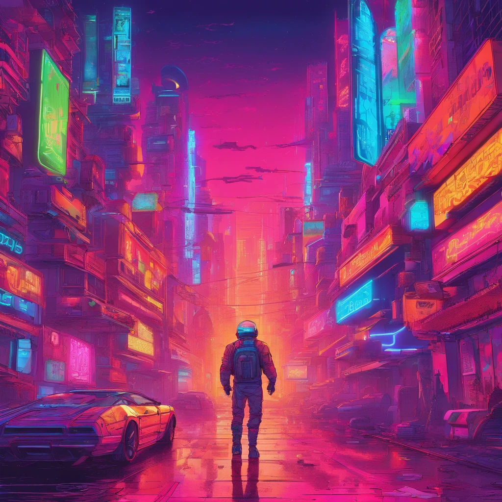 best quality,highres,ultra-detailed,realistic,sci-fi,cyberpunk,dystopian cityscape,neon lights,retro-futuristic technology,flying cars,androids,cybernetic enhancements,holographic displays,urban chaos,glitch effects,dark alleyways,rain-soaked streets,shady characters,excessive advertisements,smog-filled skies,reflective surfaces,dramatic shadows,techno music,overpopulated metropolis,colorful graffiti,virtual reality interfaces,high-rise buildings,artificial intelligence,hoverboards,cloned pets,futuristic fashion,secret corporate conspiracies