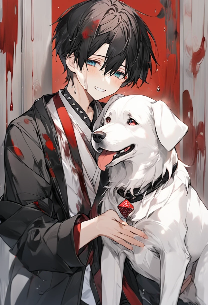 boy holding a white dog,dog walks ahead,dog lowers his head,Looking at a white jade dice,The boy is wearing a white shirt,The top is a black jacket,There are a few drops of red blood on the hem of the white shirt,The boy smiles very gently and brightly,The boy's eyes look sad