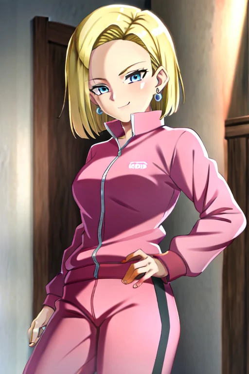 (خلفية CG Unity 4K Very detailed),(Masterpiece),(Best quality),(Very detailed),(Best explanation),(Best shade),(Absurdities),(Detailed background), Android 18, 1girl, Android 18, Single, Blonde hair, Blue eyes, Earrings, jewelry, Jacket, Arms crossed, short hair, pink track Jacket, pants, pink track suit, Looking at the viewer, pink track pants, He smiles, Breasts, Cowboy shot, long sleeves