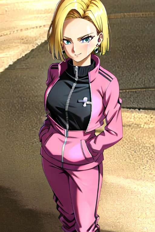 (خلفية CG Unity 4K Very detailed),(Masterpiece),(Best quality),(Very detailed),(Best explanation),(Best shade),(Absurdities),(Detailed background), Android 18, 1girl, Android 18, Single, Blonde hair, Blue eyes, Earrings, jewelry, Jacket, Arms crossed, short hair, pink track Jacket, pants, pink track suit, Looking at the viewer, pink track pants, He smiles, Breasts, Cowboy shot, long sleeves