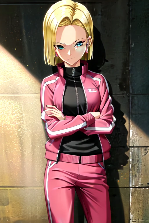 (خلفية CG Unity 4K Very detailed),(Masterpiece),(Best quality),(Very detailed),(Best explanation),(Best shade),(Absurdities),(Detailed background), Android 18, 1girl, Android 18, Single, Blonde hair, Blue eyes, Earrings, jewelry, Jacket, Arms crossed, short hair, pink track Jacket, pants, pink track suit, Looking at the viewer, pink track pants, He smiles, Breasts, Cowboy shot, long sleeves