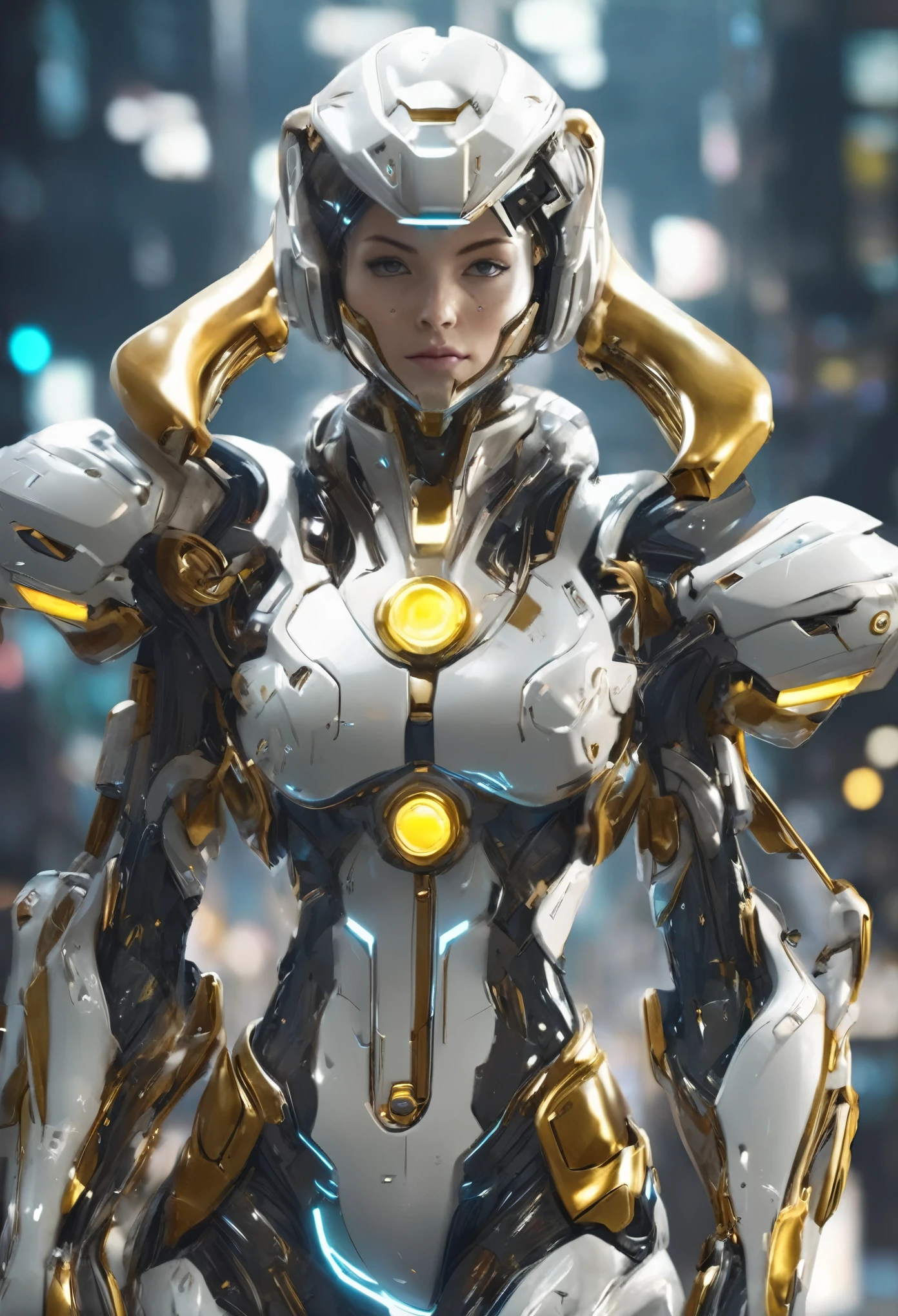 Wearing a mechanical suit, mechanical marvel, cyberpunk, futuristic armor,arms， whole body, frontal pose, symmetry, complex (steel metal [rust]), joint, Warframe style，Sailor Moon，Mecha girl