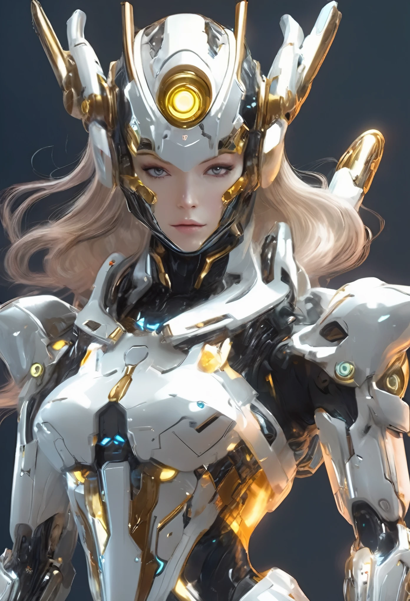 Wearing a mechanical suit, mechanical marvel, cyberpunk, futuristic armor,arms， whole body, frontal pose, symmetry, complex (steel metal [rust]), joint, Warframe style，Sailor Moon，Mecha girl