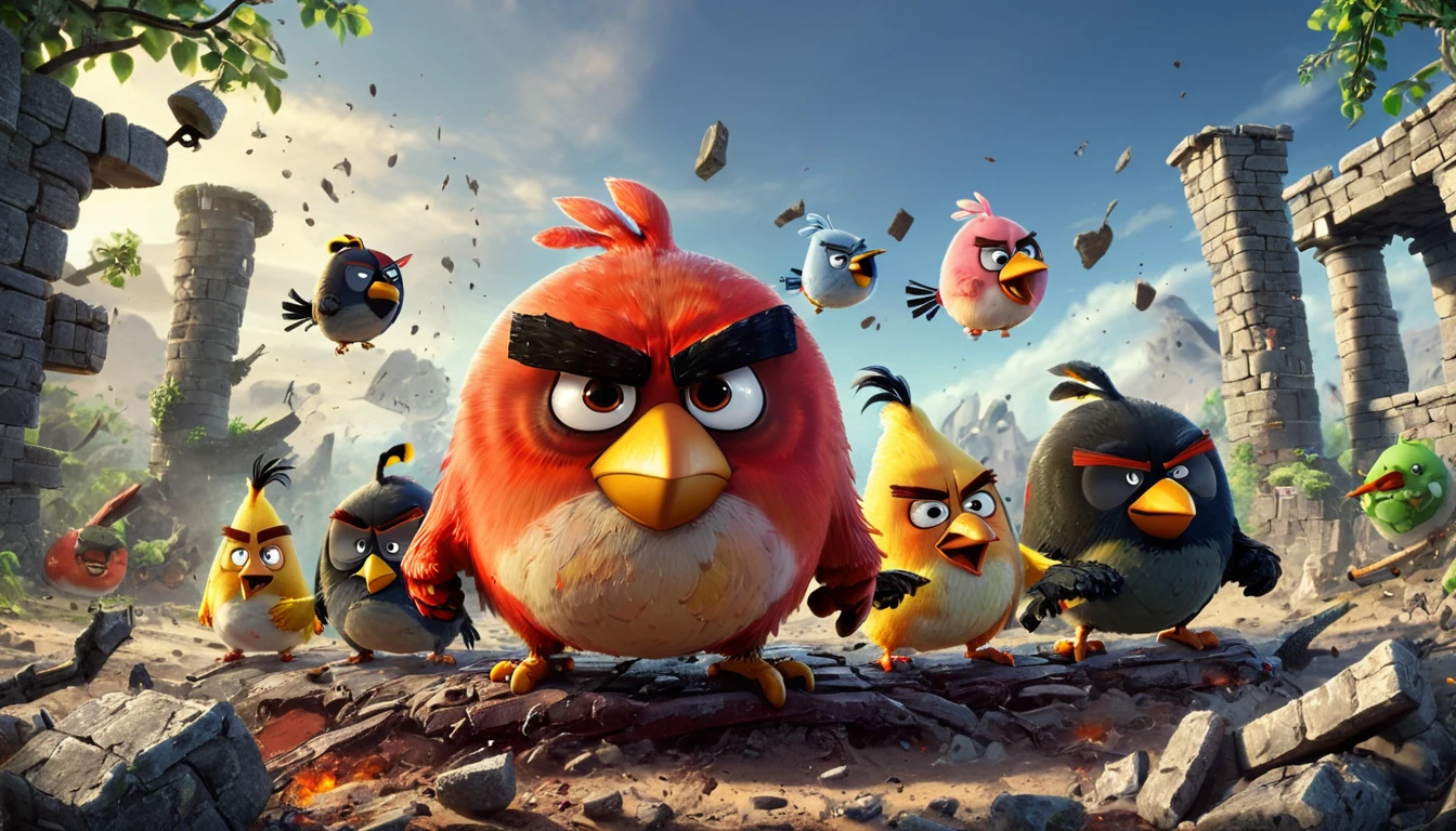 ultra-wide angle, "angry birds", (masterpiece, best quality, perfect composition, very aesthetic, absurdres, ultra-detailed, intricate details, Professional, official art, Representative work:1.3)